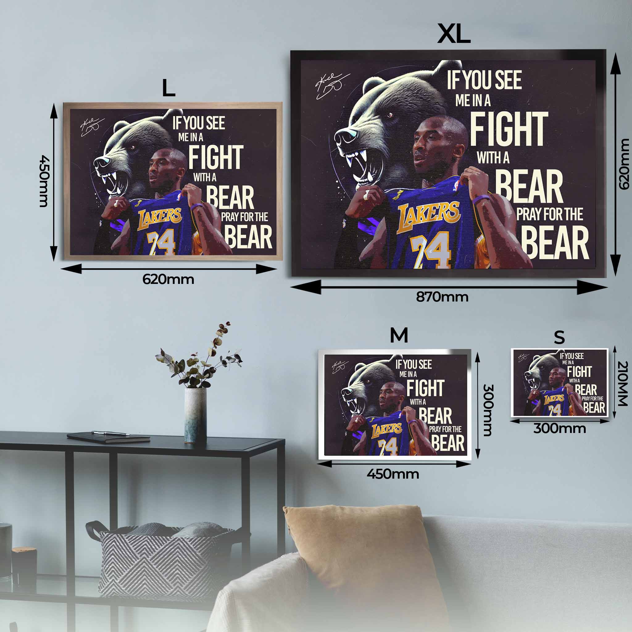 Kobe Bryant Bear Fight Motivation Framed Art Sizing Guide.