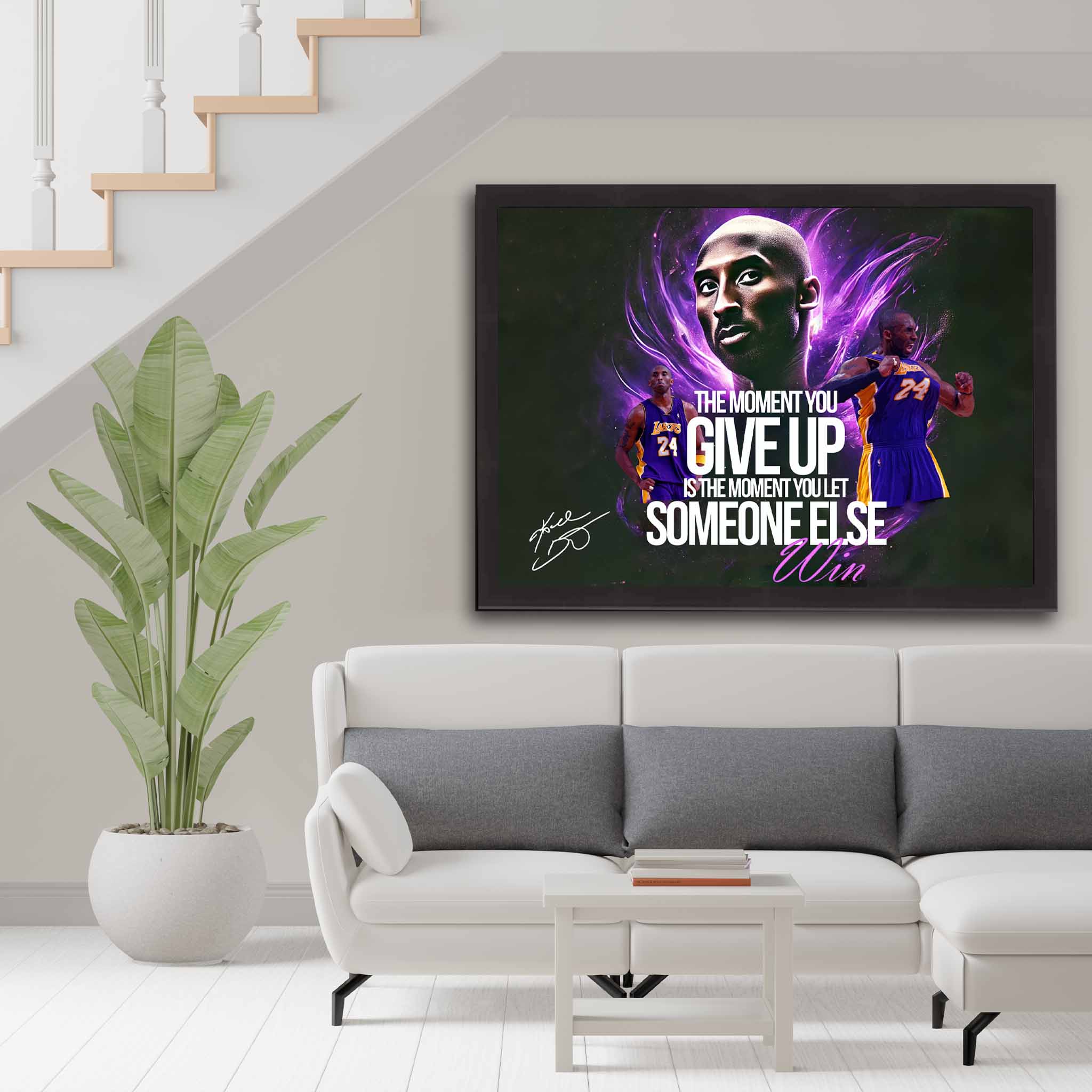 Devoted Kobe Bryant fan's tribute: Kobe's battle cry framed art proudly displayed on the wall.