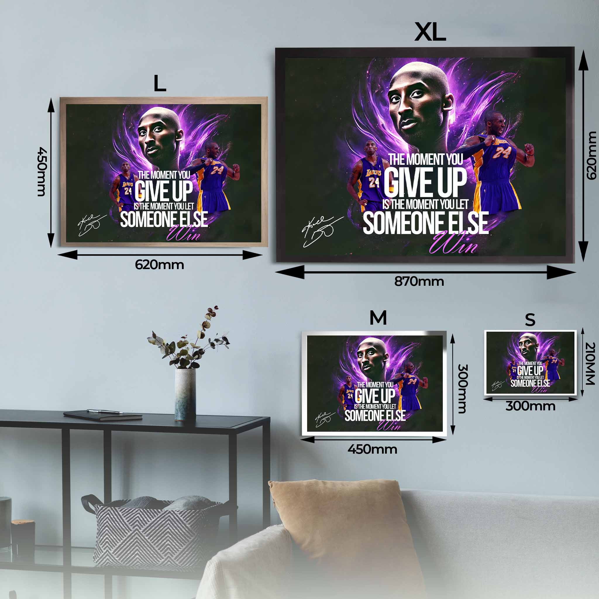 Sizing guide for Kobe Bryant framed art.