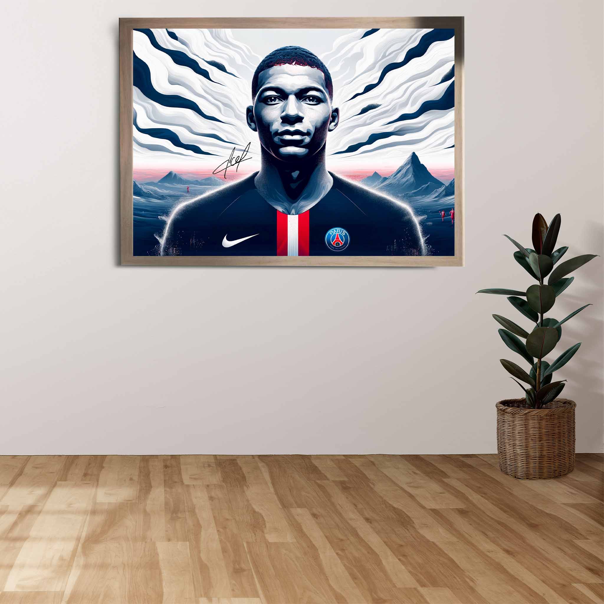 Kylian Mbappe fans household with a framed Mbappe print on the wall.