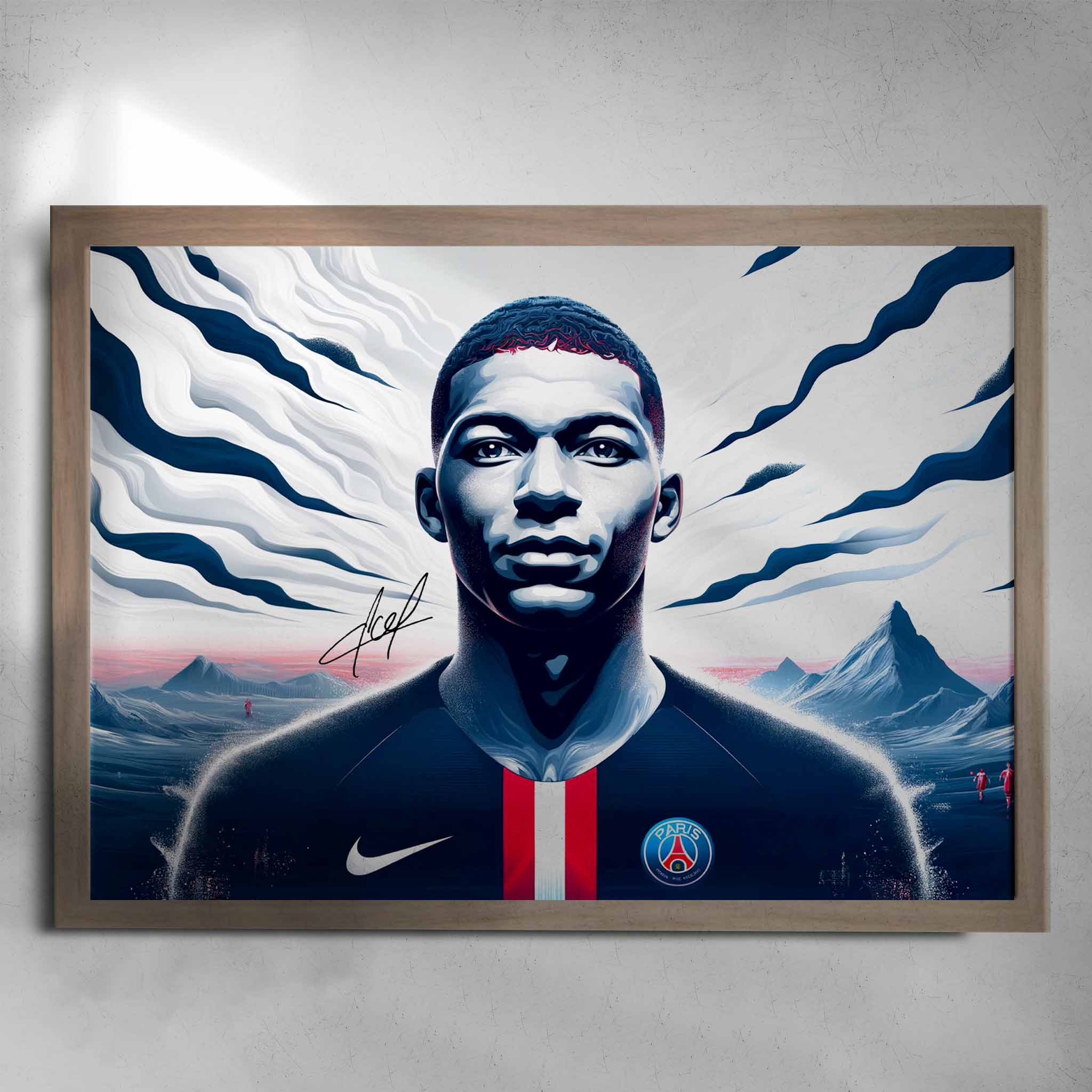 Kylian Mbappe Signed Poster in a Oak frame by Sports Cave.