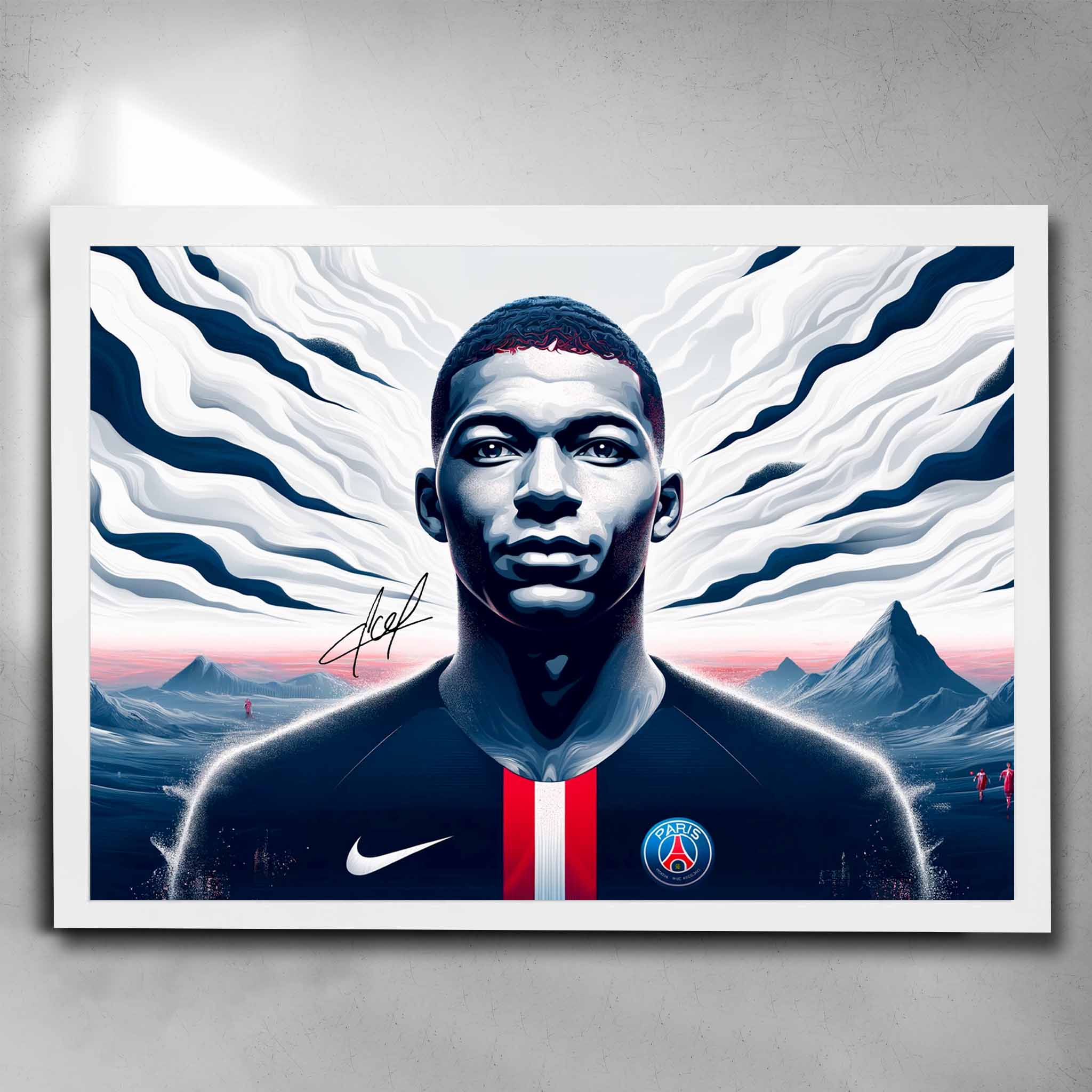 Kylian Mbappe Signed Poster in a White frame by Sports Cave.