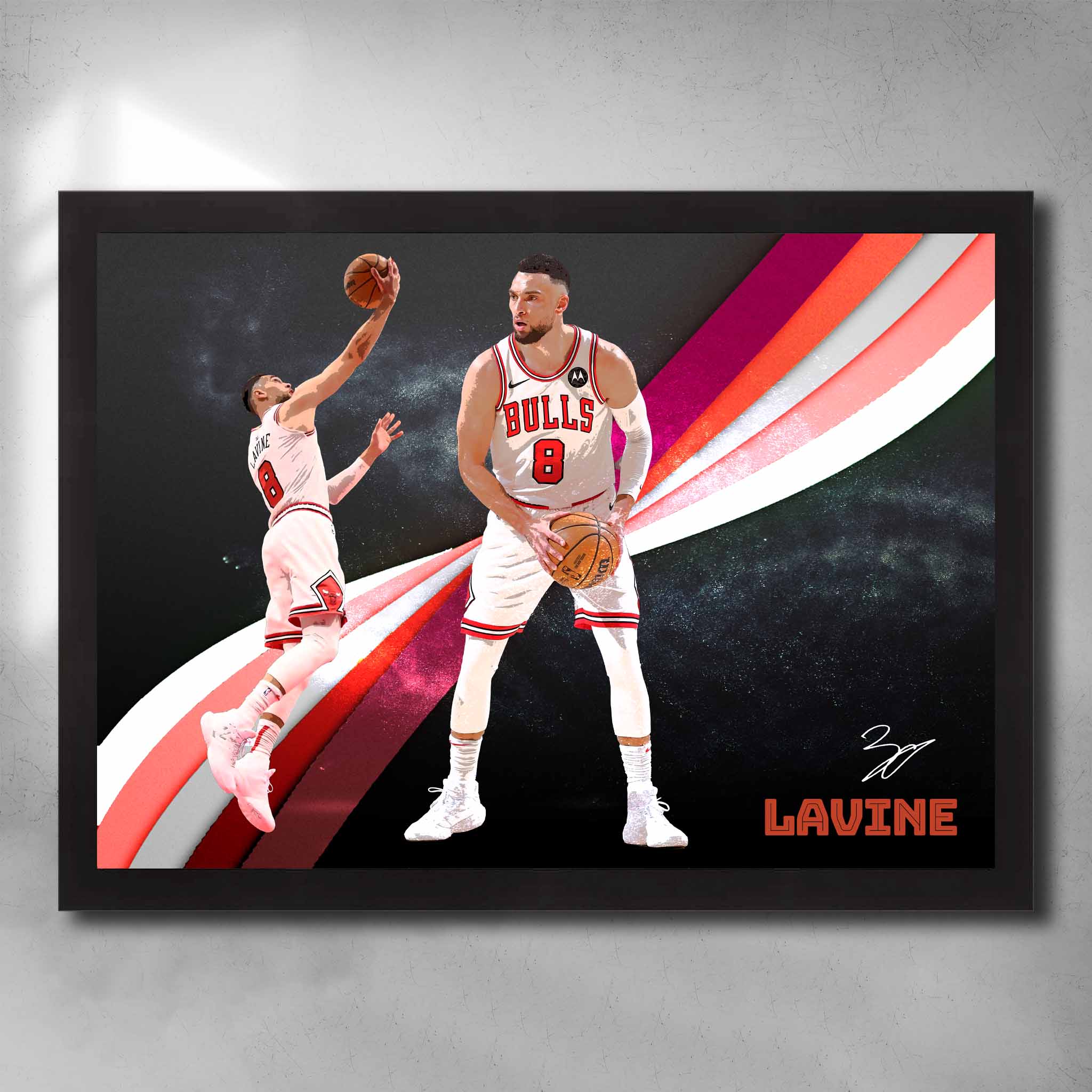 Black framed NBA art by Sports Cave, featuring Zach LaVine from the Chicago Bulls. 