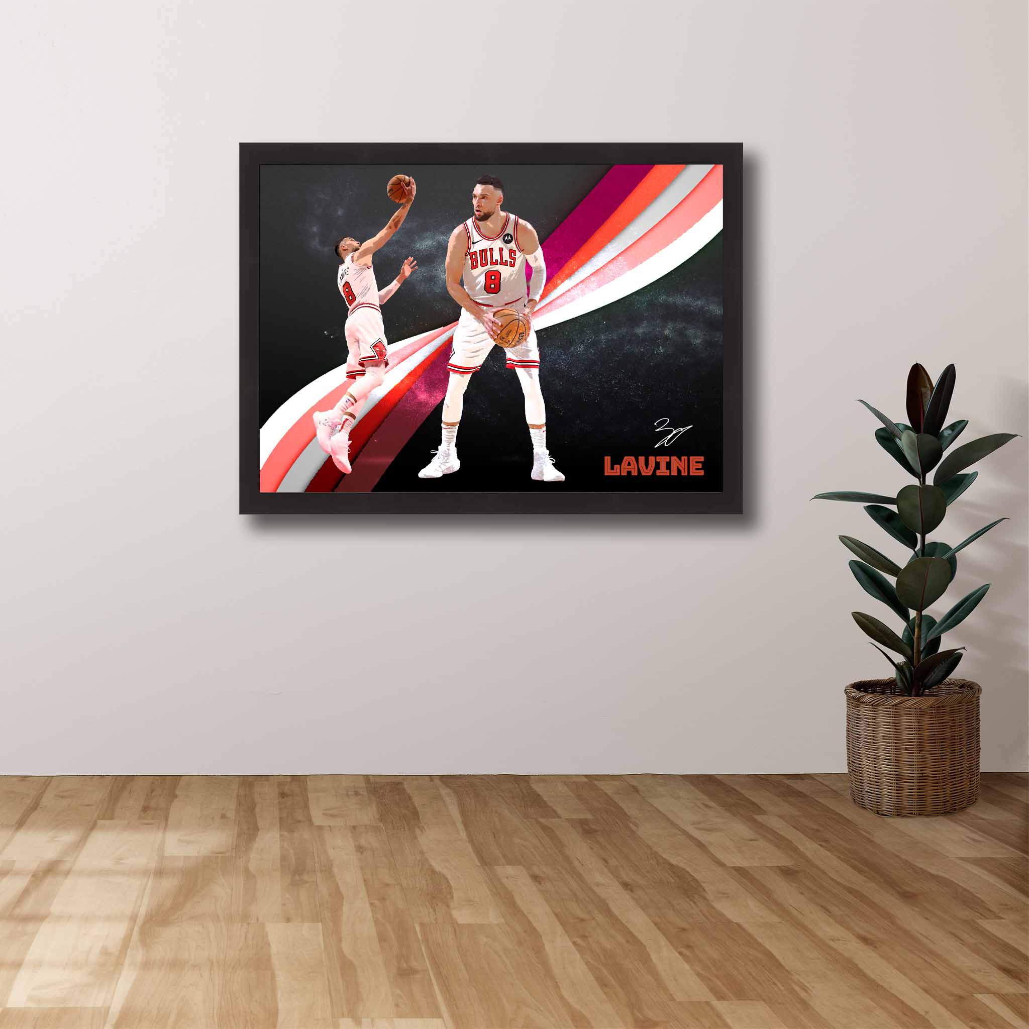 Chicago Bulls Die-hard Supporters House, featuring a framed print of Zach LaVine showcased on the wall.