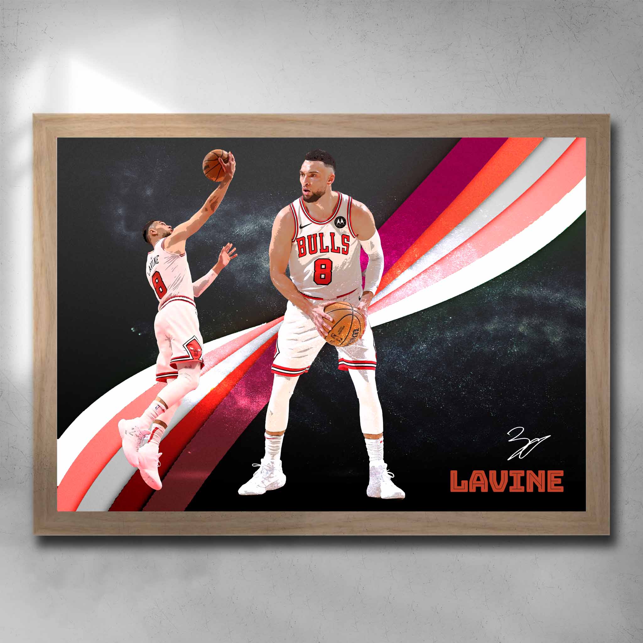 Oak framed NBA art by Sports Cave, featuring Zach LaVine from the Chicago Bulls. 