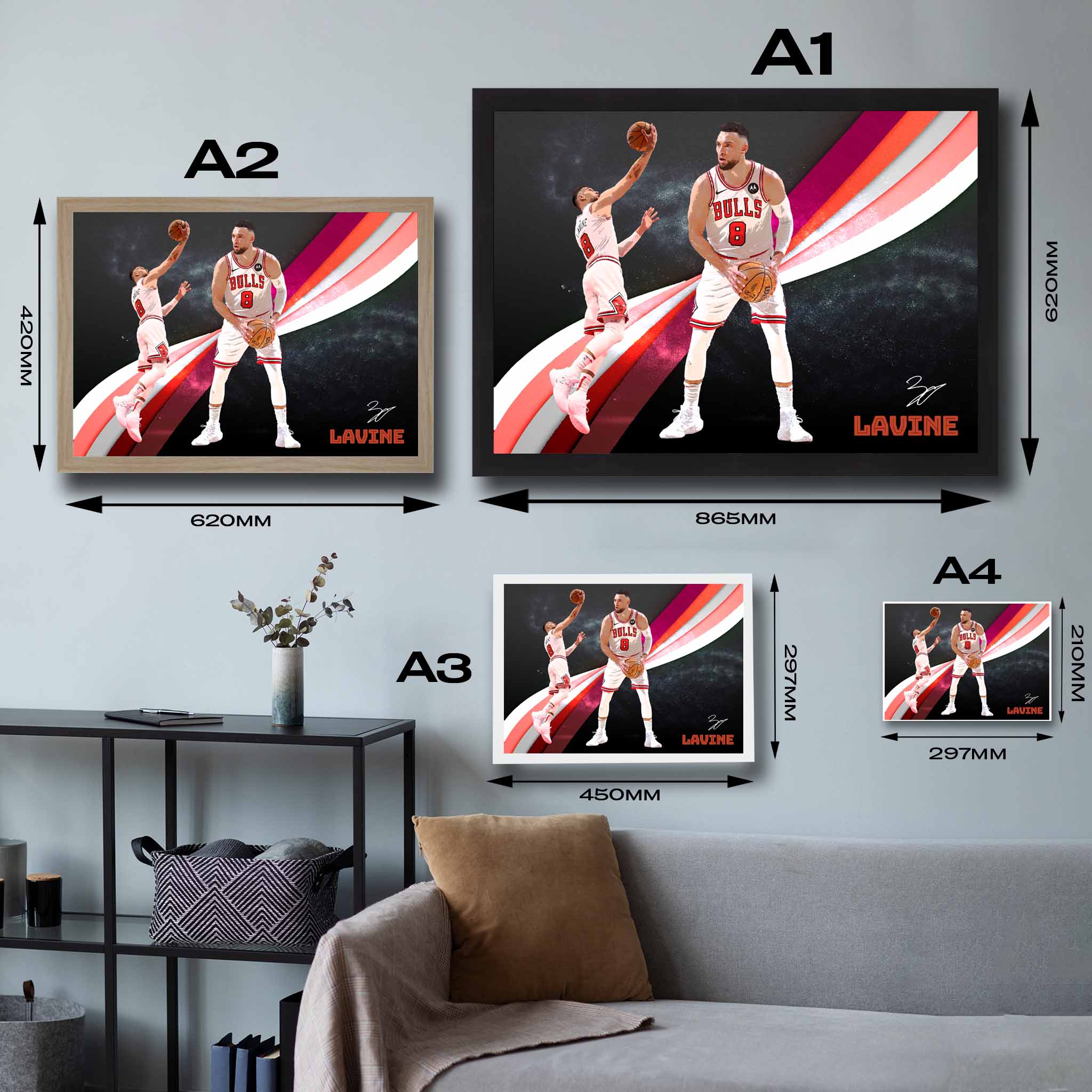 Visual representation of Zach LaVine framed art size options, ranging from A4 to A2, for selecting the right size for your space.