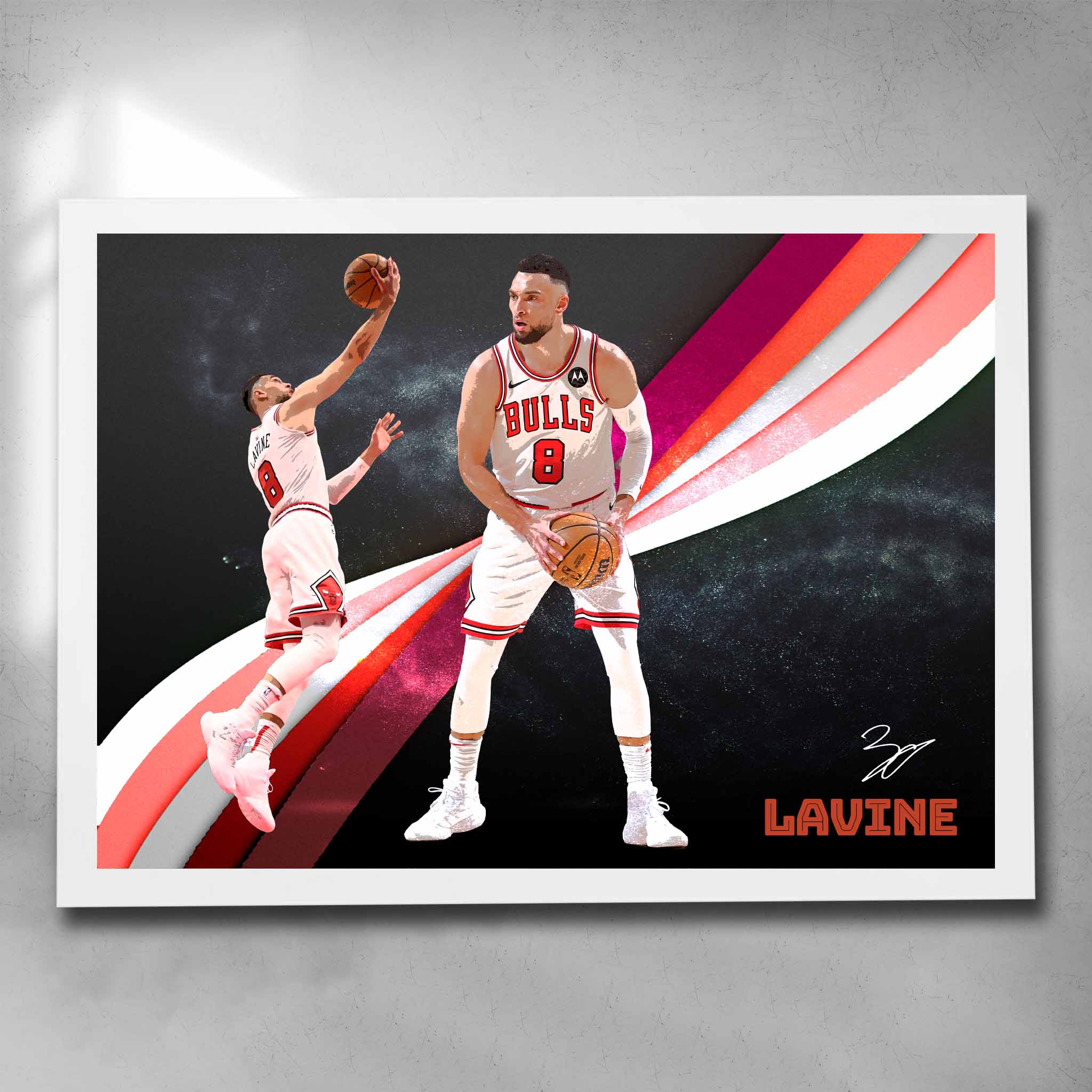 White framed NBA art by Sports Cave, featuring Zach LaVine from the Chicago Bulls. 