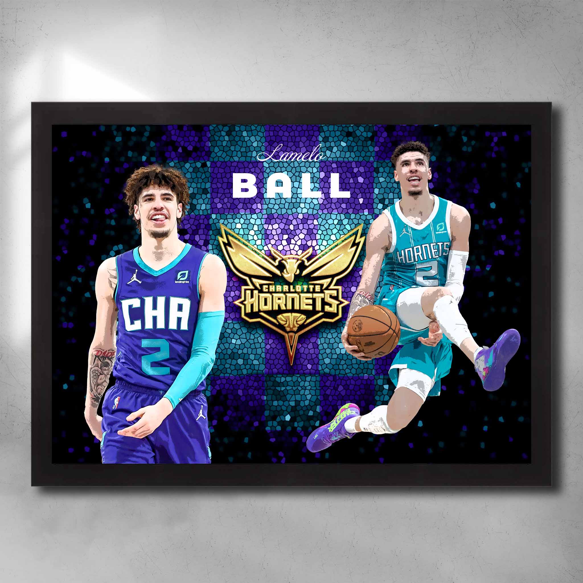 Black framed NBA art by Sports Cave, featuring Lamelo Ball from the Charlotte Hornets.