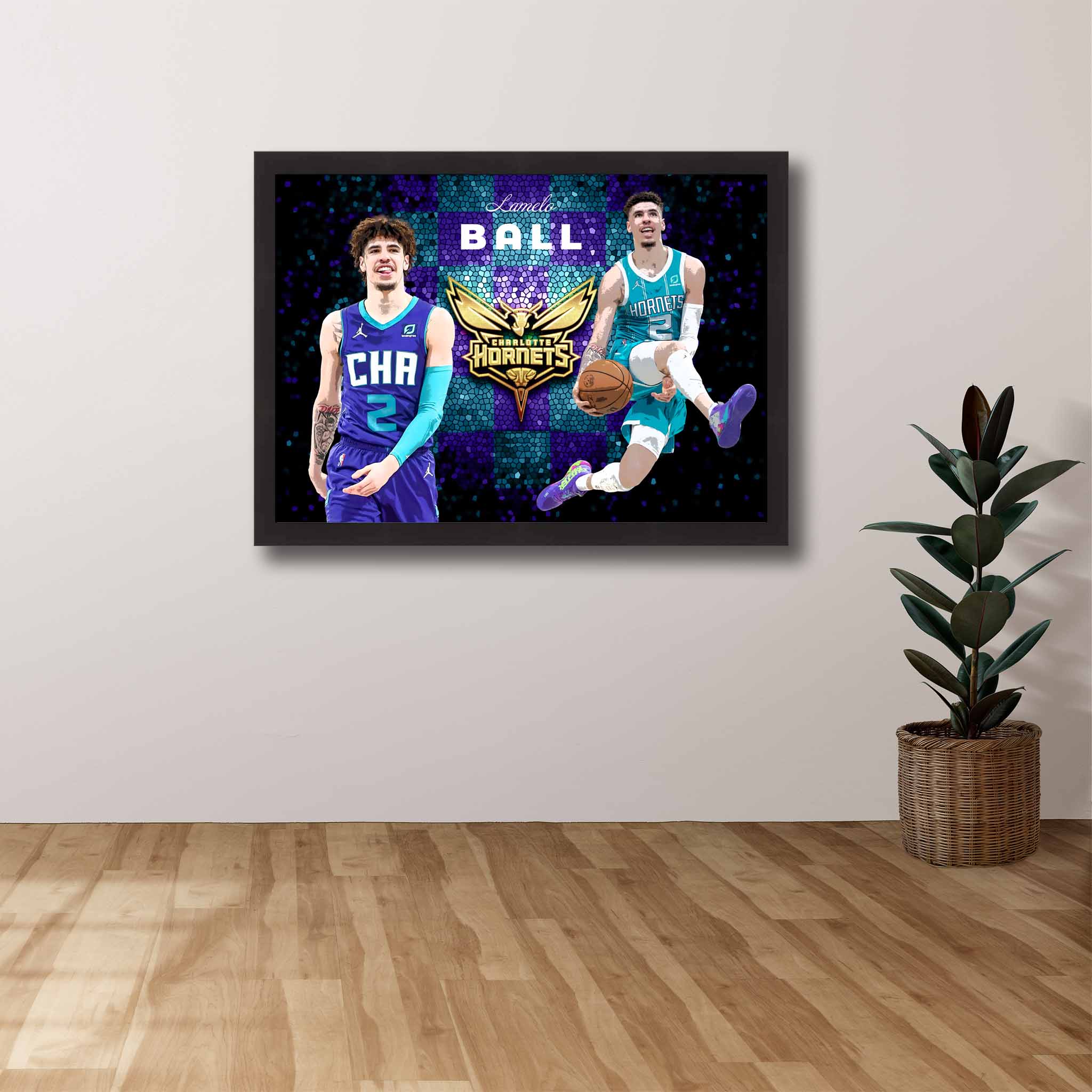 Devoted Charlotte Hornets fan's tribute: Lamelo Ball framed art proudly displayed on the wall.