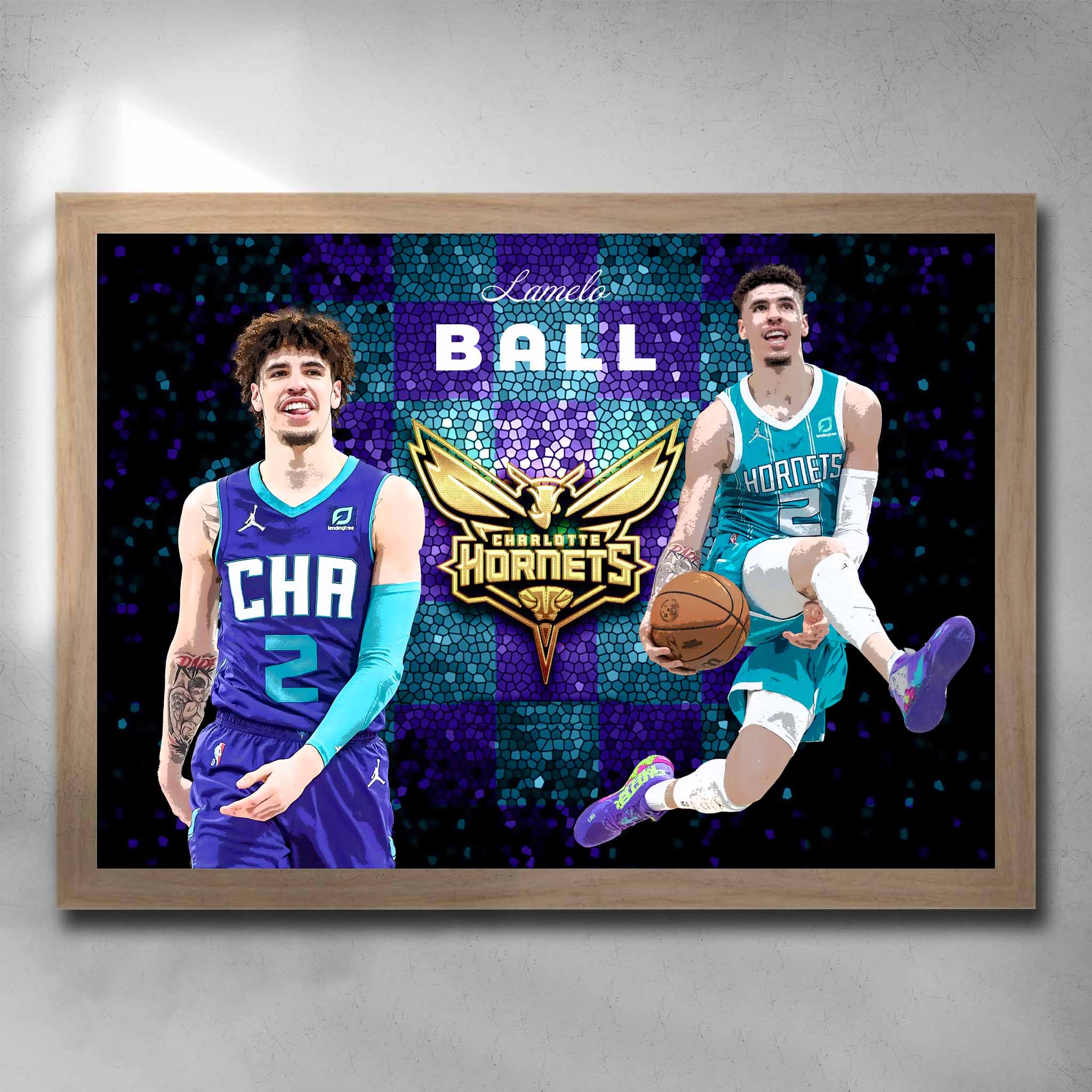 Oak framed NBA art by Sports Cave, featuring Lamelo Ball from the Charlotte Hornets.