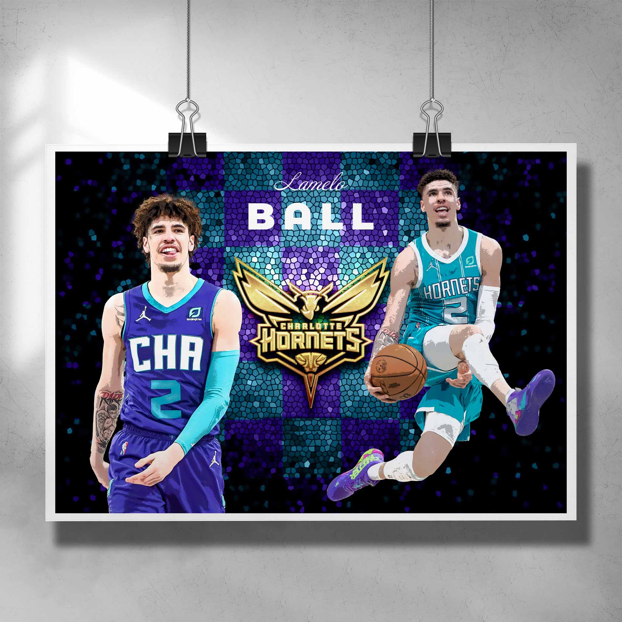 Unique NBA poster by Sports Cave, featuring Lamelo Ball from the Charlotte Hornets.