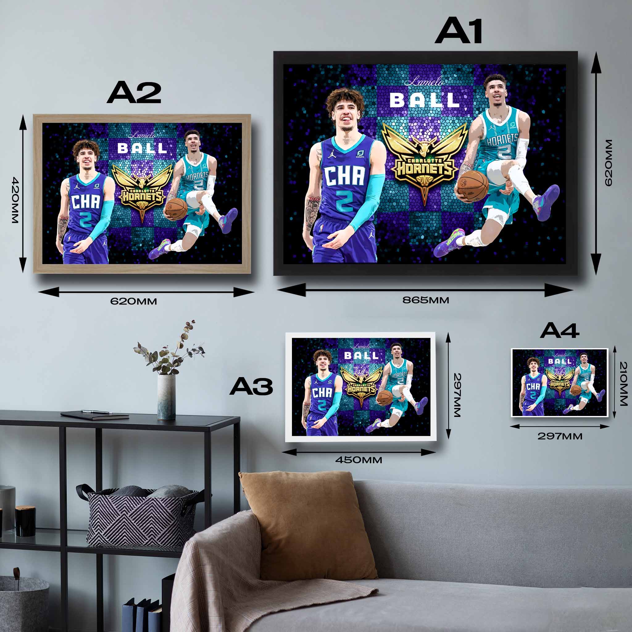 Visual representation of Lamelo Ball framed art size options, ranging from A4 to A2, for selecting the right size for your space.