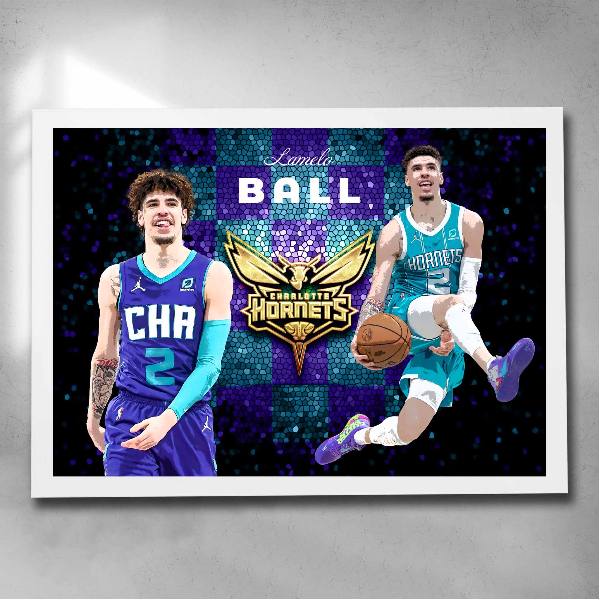 White framed NBA art by Sports Cave, featuring Lamelo Ball from the Charlotte Hornets.