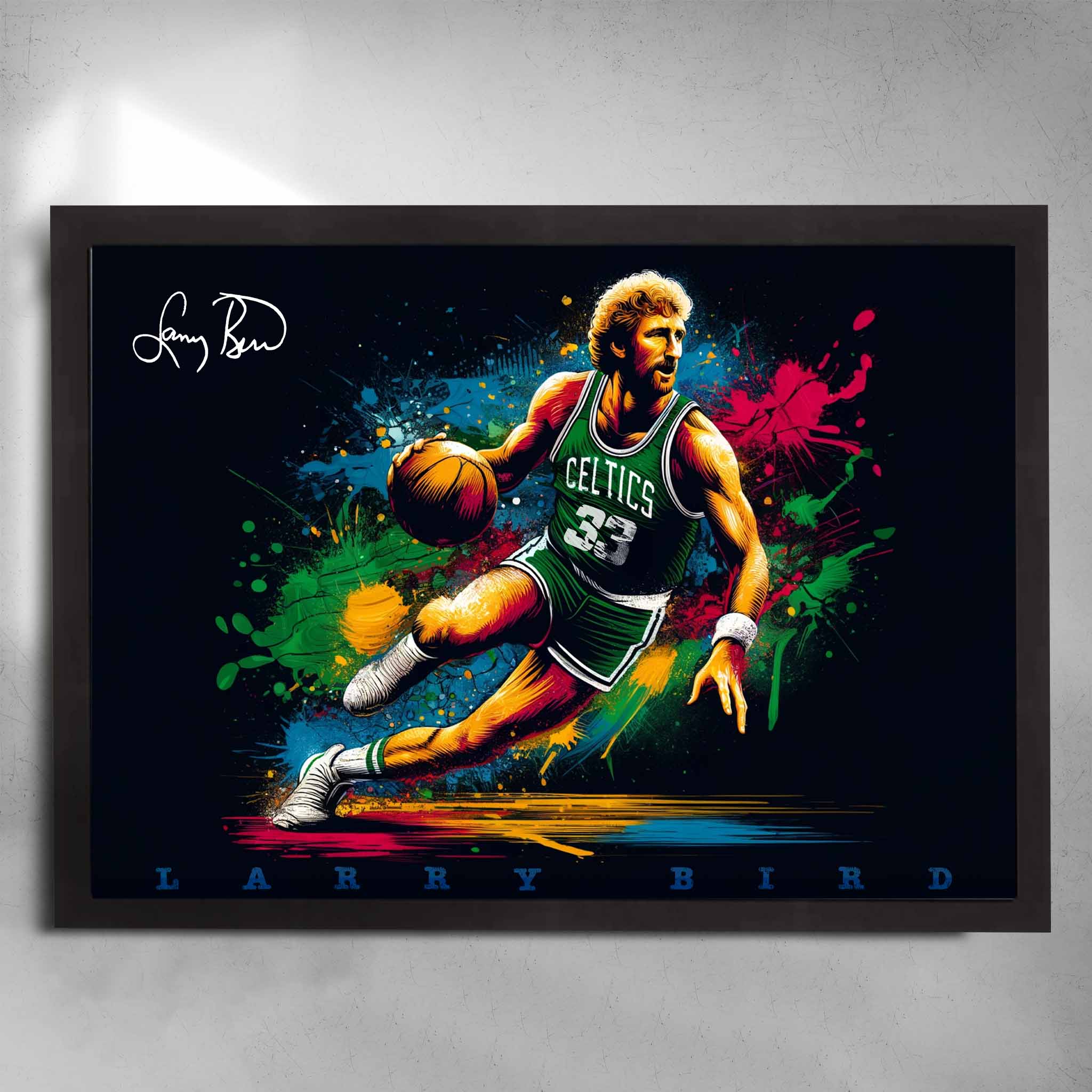 Black framed NBA art by Sports Cave, featuring Larry Bird from the Boston Celtics.