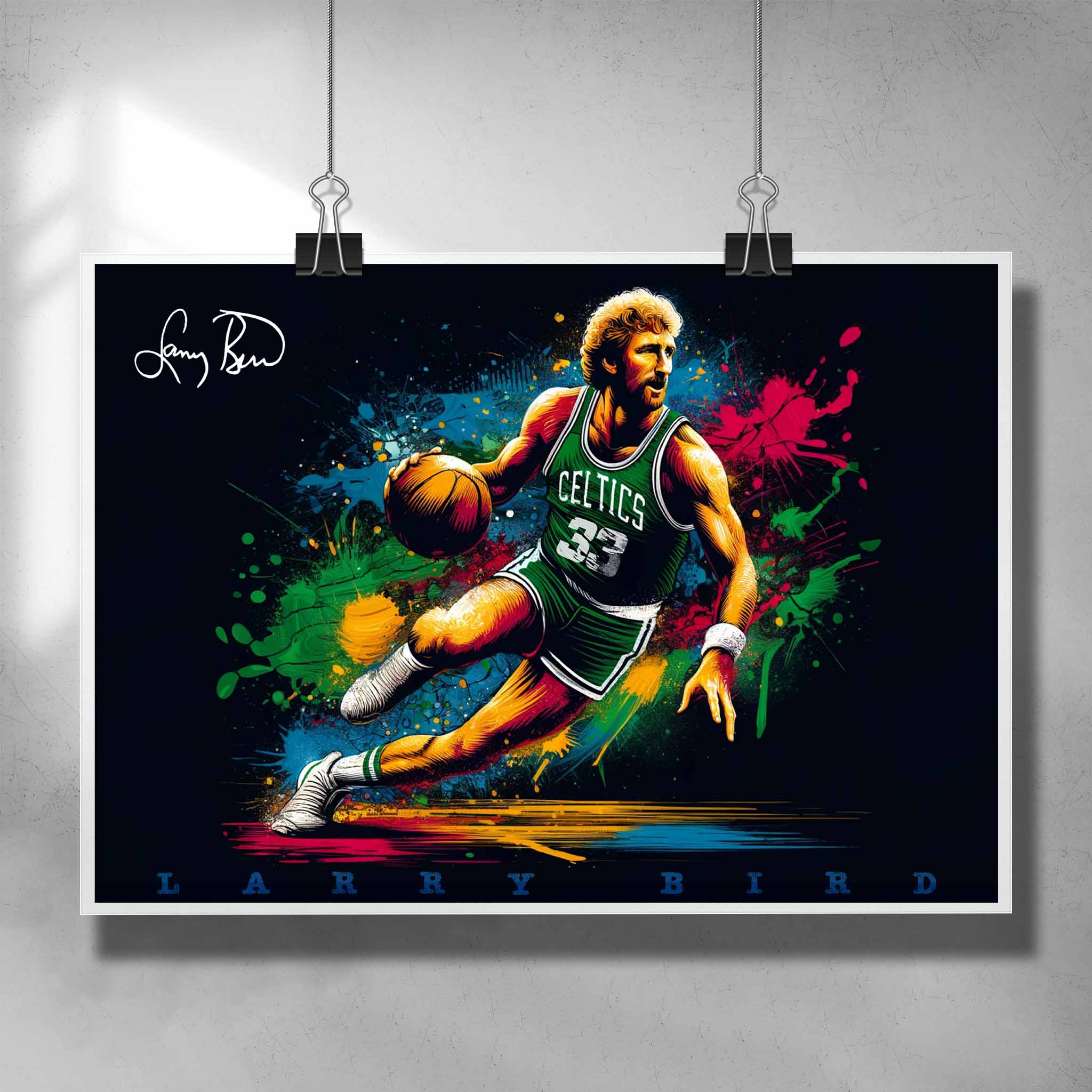 Unique NBA poster by Sports Cave, featuring Larry Bird from the Boston Celtics.