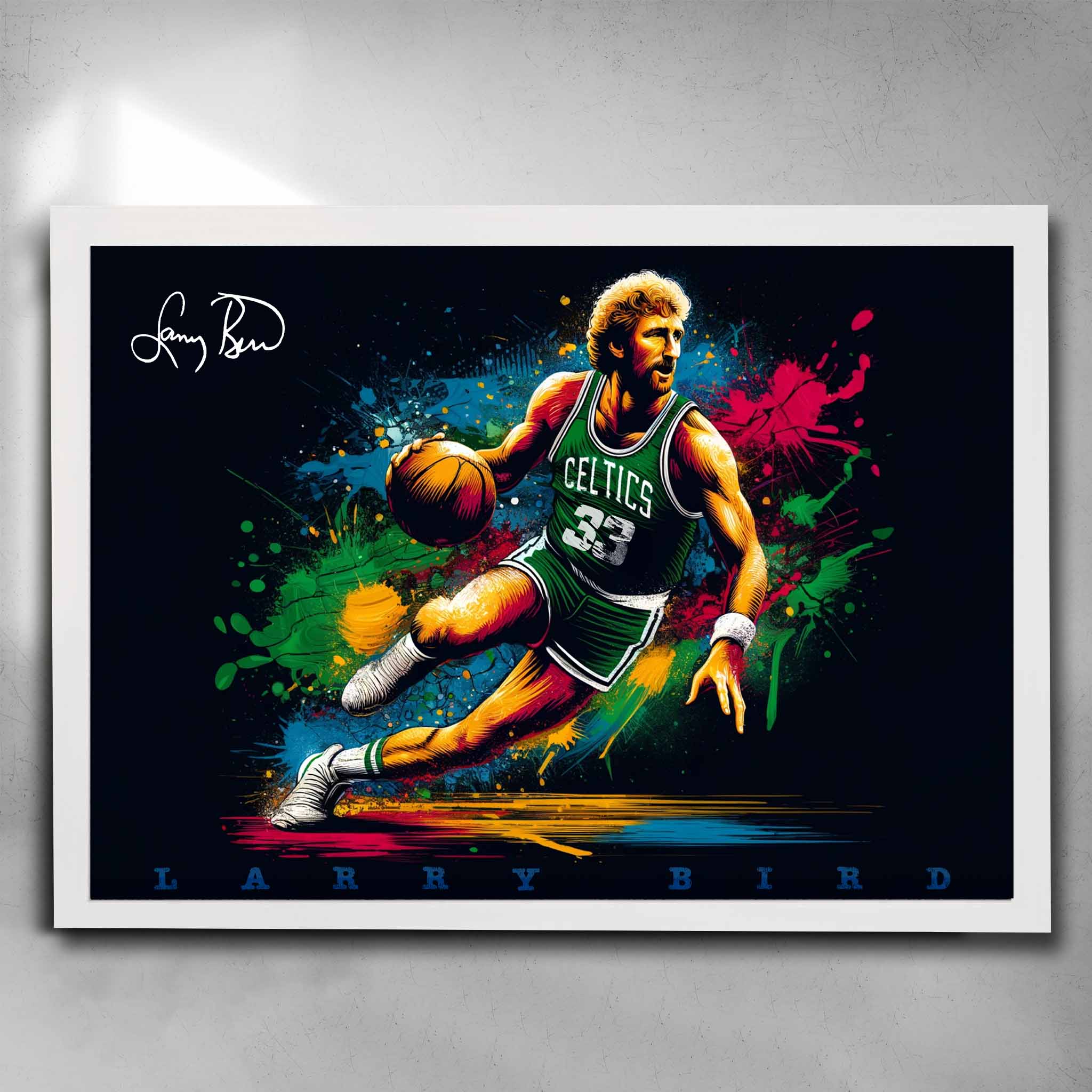 White framed NBA art by Sports Cave, featuring Larry Bird from the Boston Celtics.