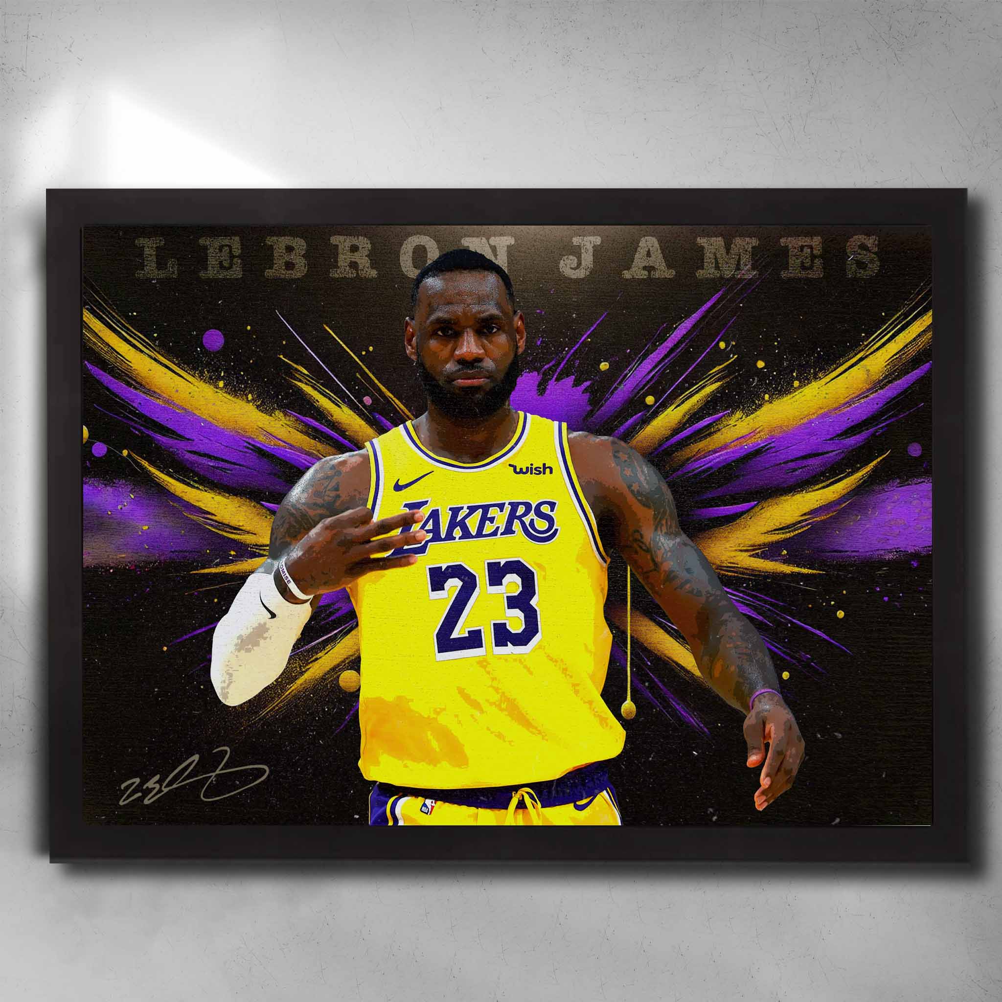 LeBron James iconic Lakers wall art in black frame – NBA star poster with purple and yellow splatter design.