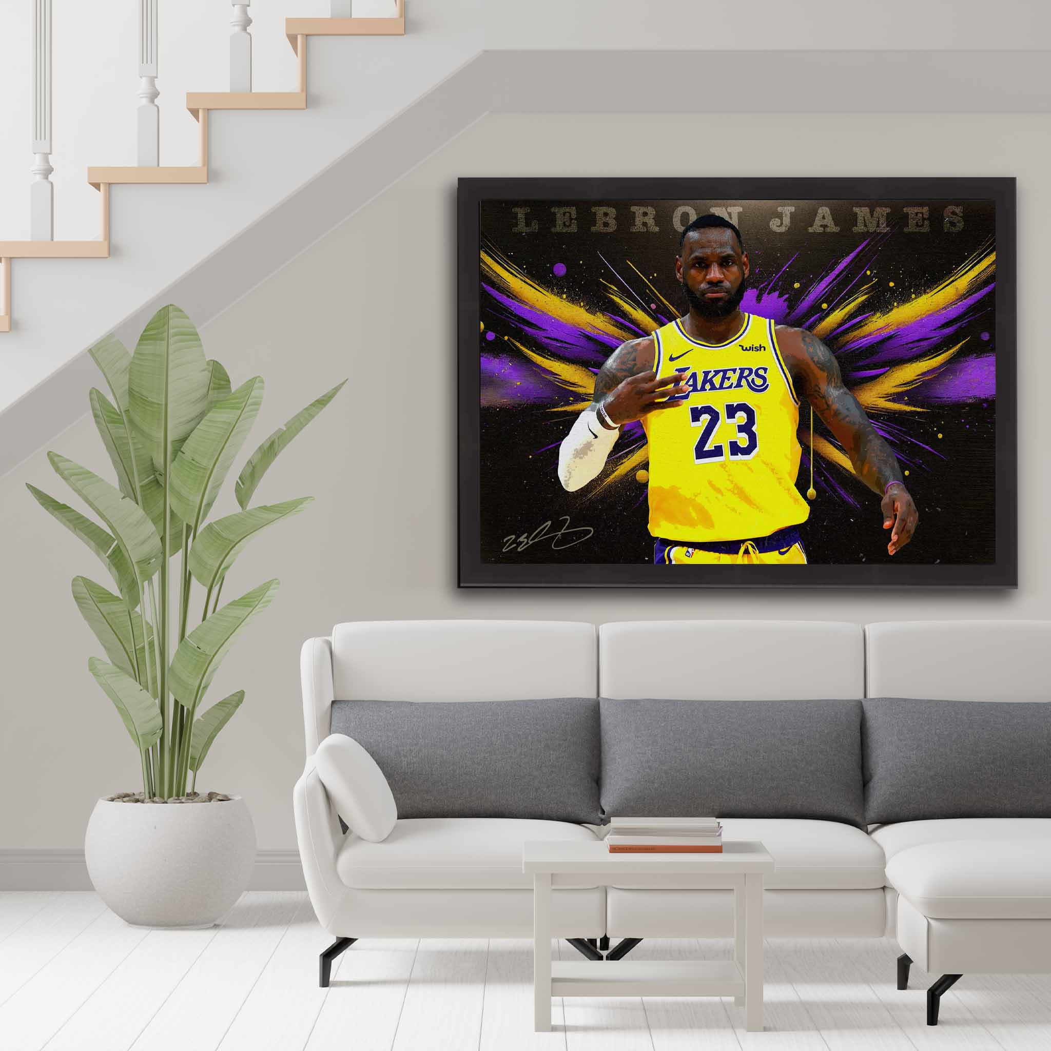 LeBron James Lakers wall art in black frame – NBA poster decor in modern living room.