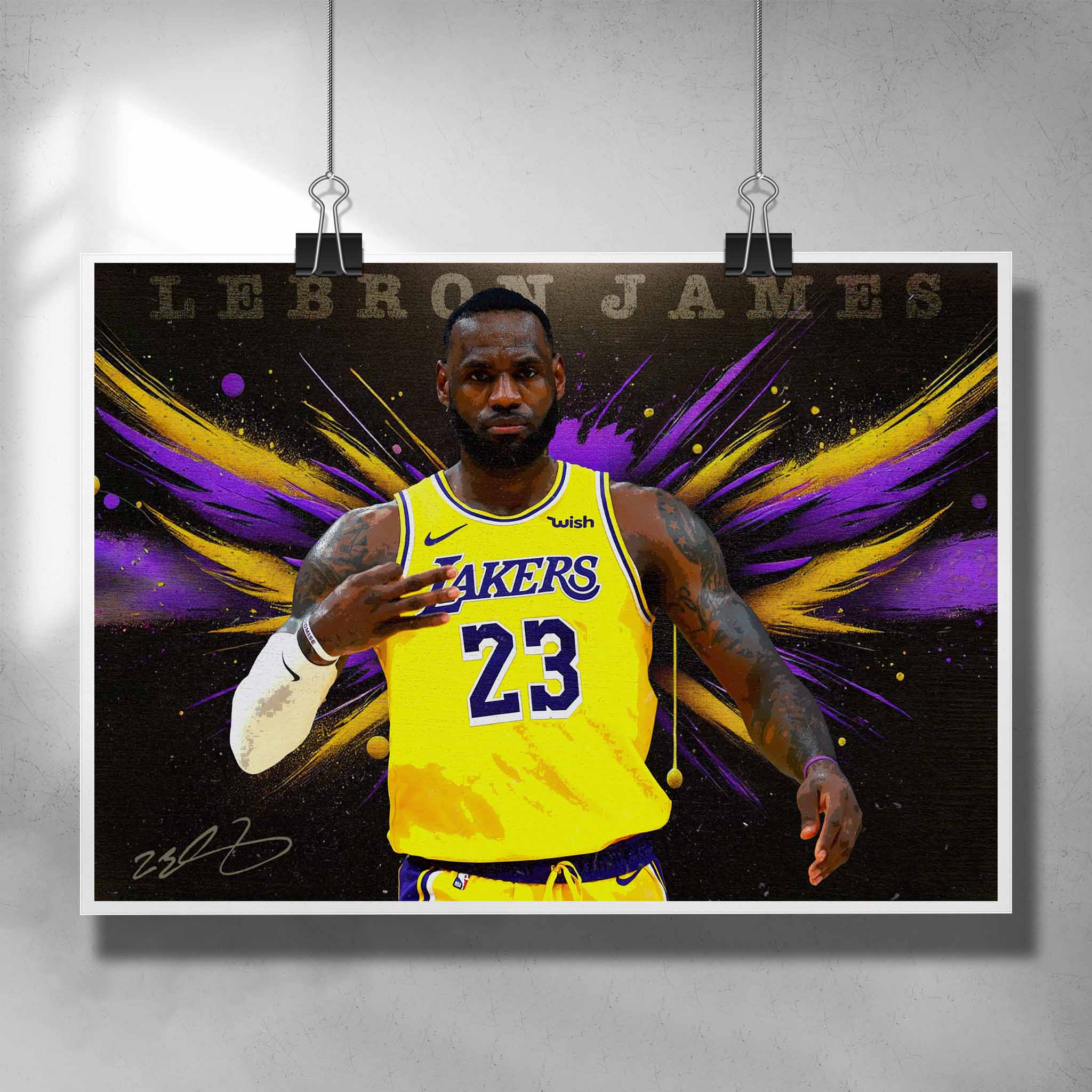 LeBron James iconic Lakers poster – NBA star poster with purple and yellow splatter design.