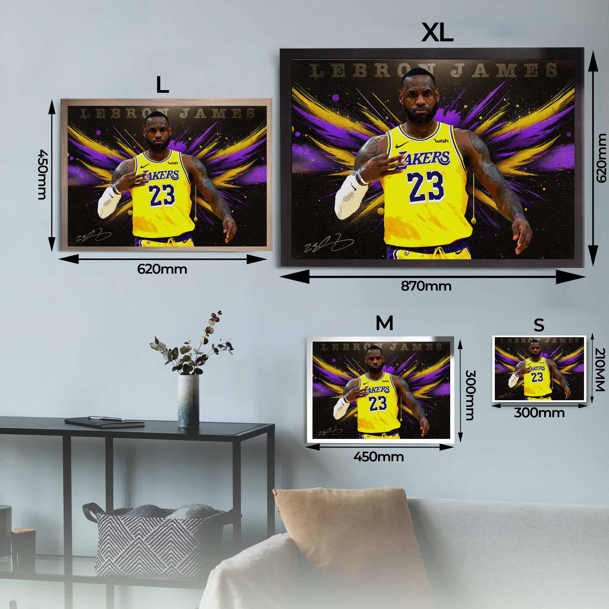 LeBron James Lakers wall art size guide – XL, L, M, S framed NBA poster decor options.