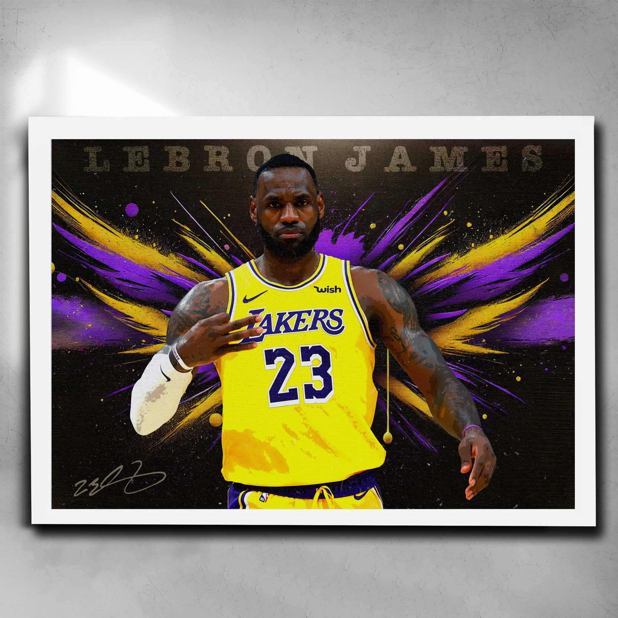 LeBron James iconic Lakers wall art in white frame – NBA star poster with purple and yellow splatter design.