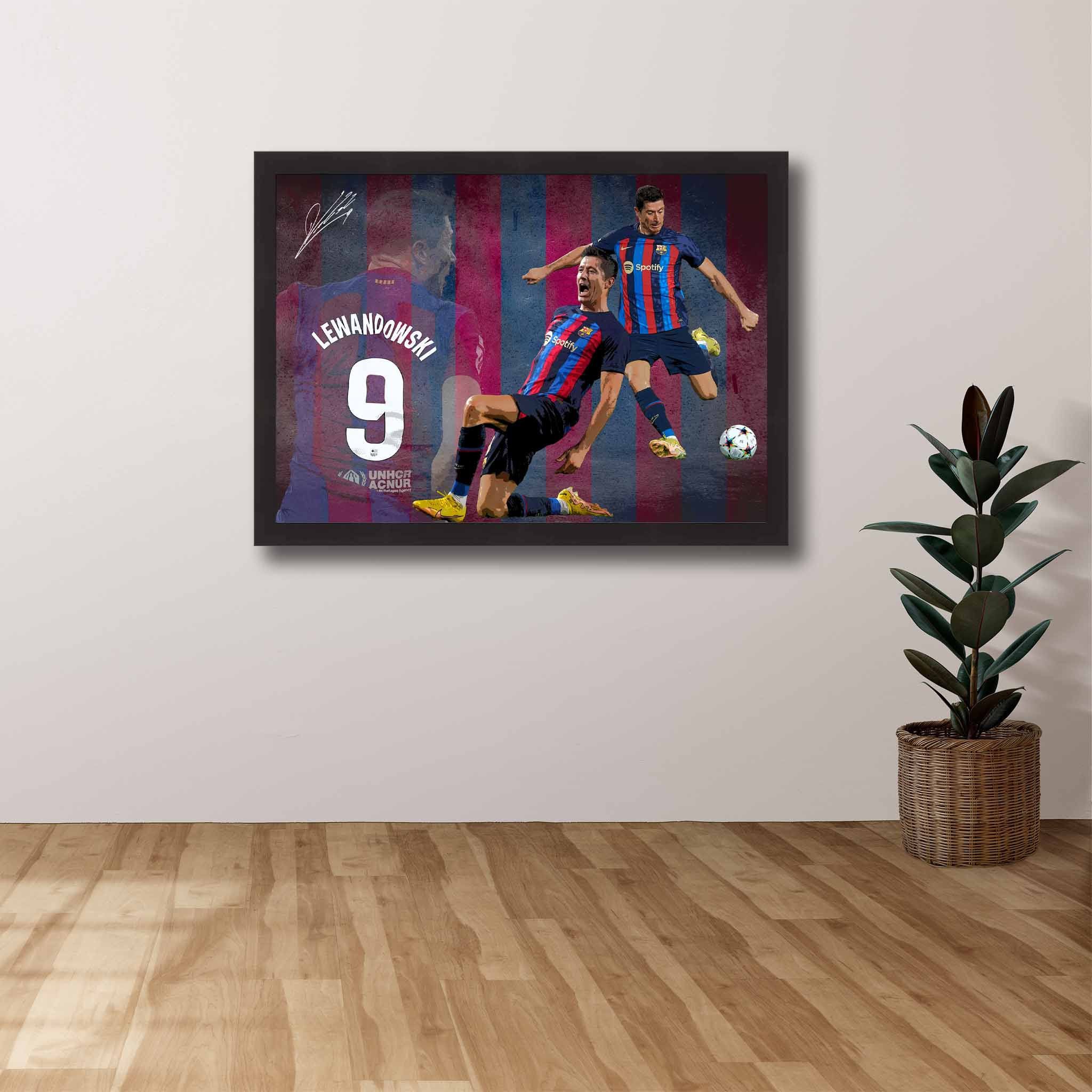 Devoted Barcelona FC fan's tribute: Robert Lewandowski framed art proudly displayed on the wall.