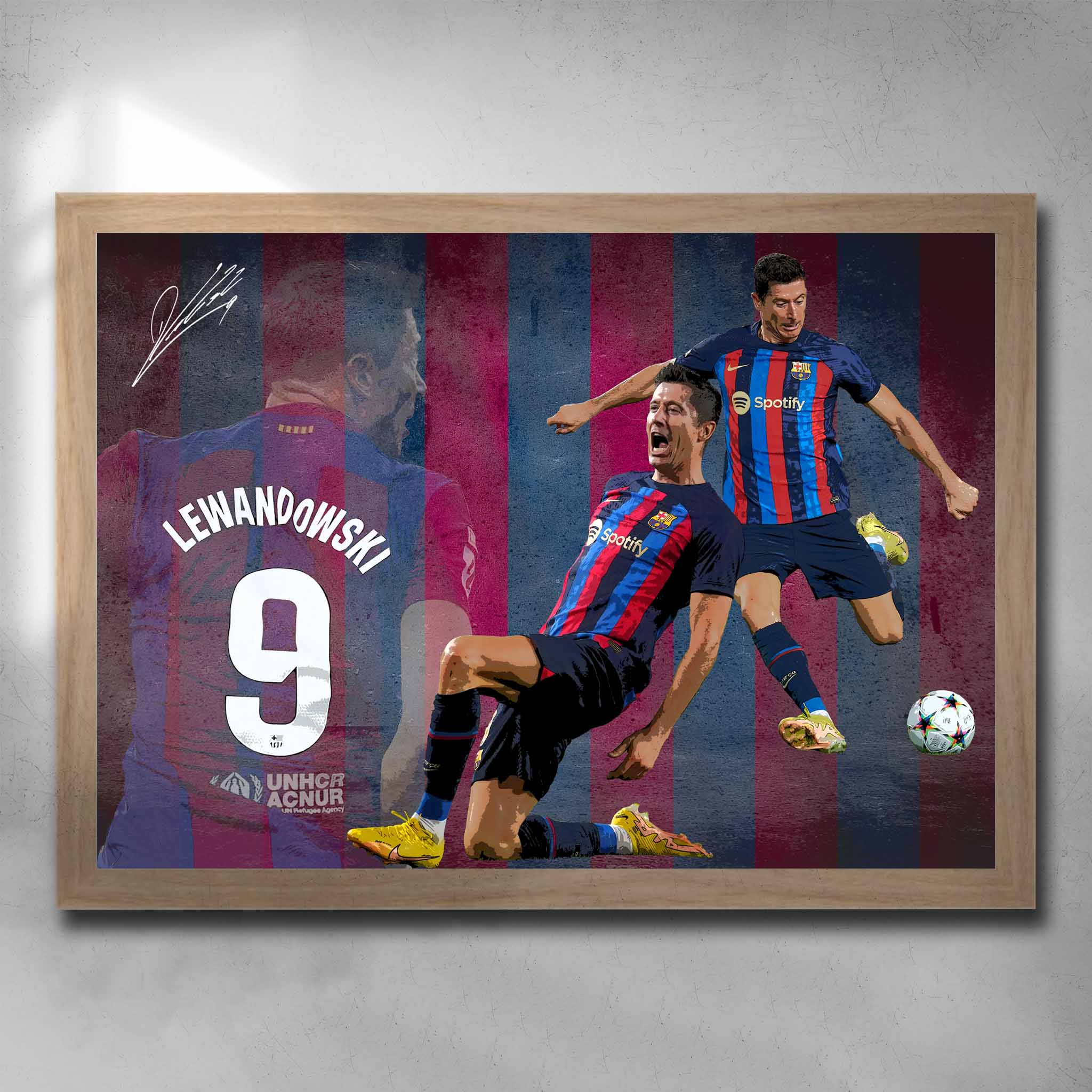 Oak framed soccer art by Sports Cave, featuring Robert Lewandowski from Barcelona Football Club.