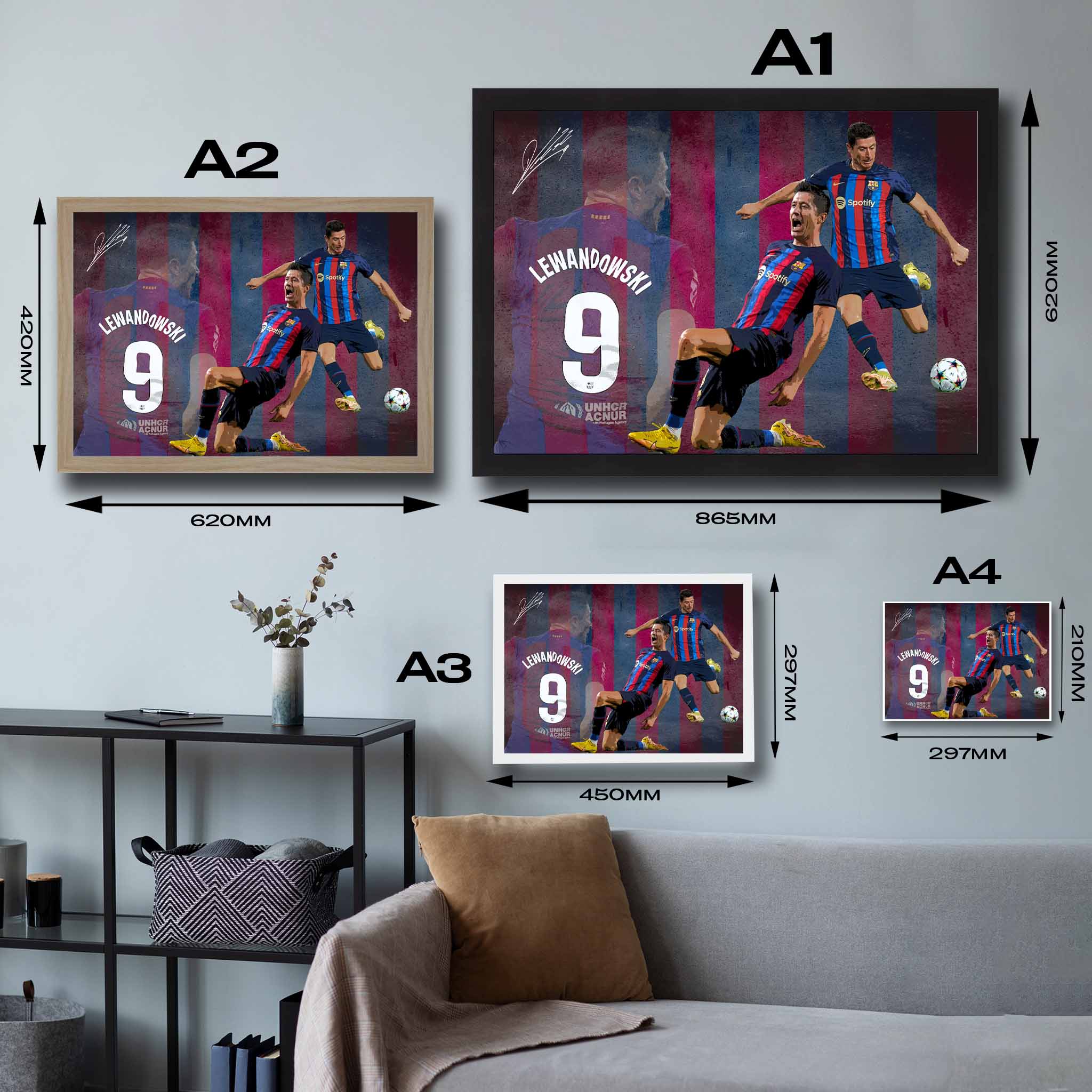 Visual representation of Robert Lewandowski framed art size options, ranging from A4 to A2, for selecting the right size for your space.