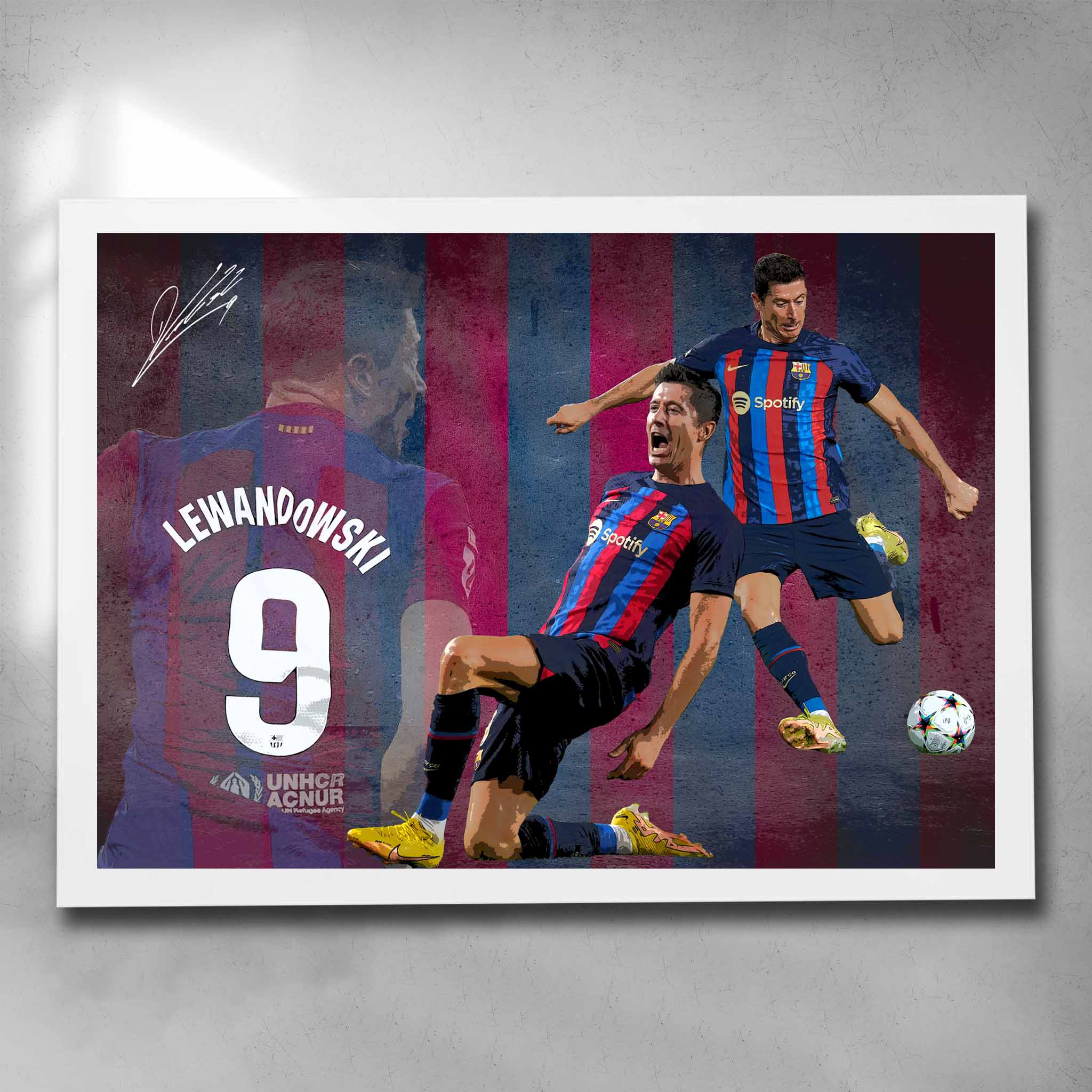 White framed soccer art by Sports Cave, featuring Robert Lewandowski from Barcelona Football Club.