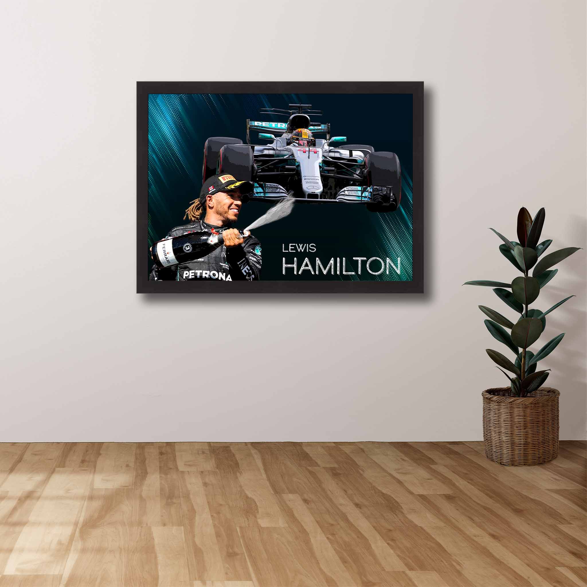 Devoted Formula One fan's tribute: Lewis Hamilton framed art proudly displayed on the wall.