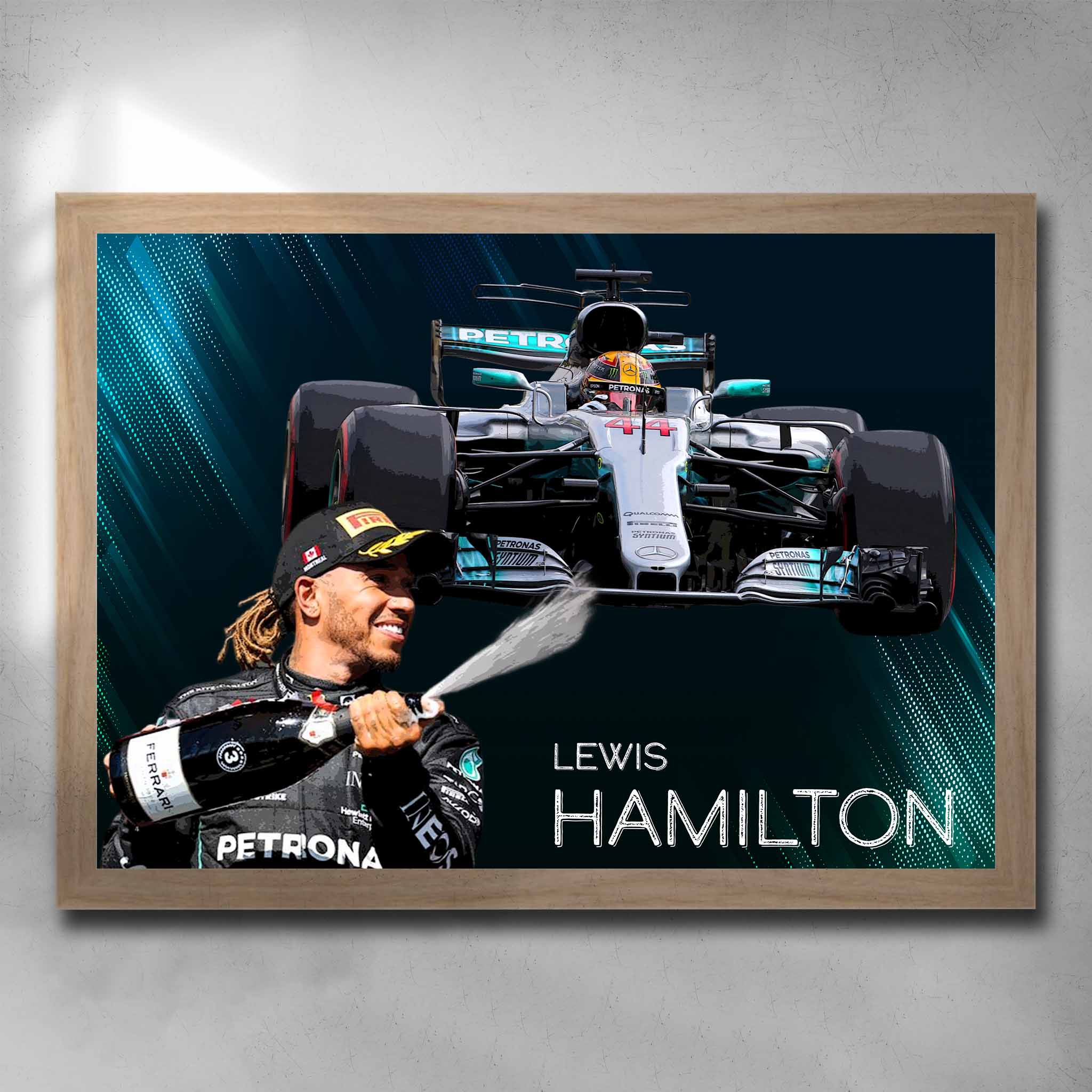 Oak framed Formula One Art by Sports Cave, featuring Lewis Hamilton.