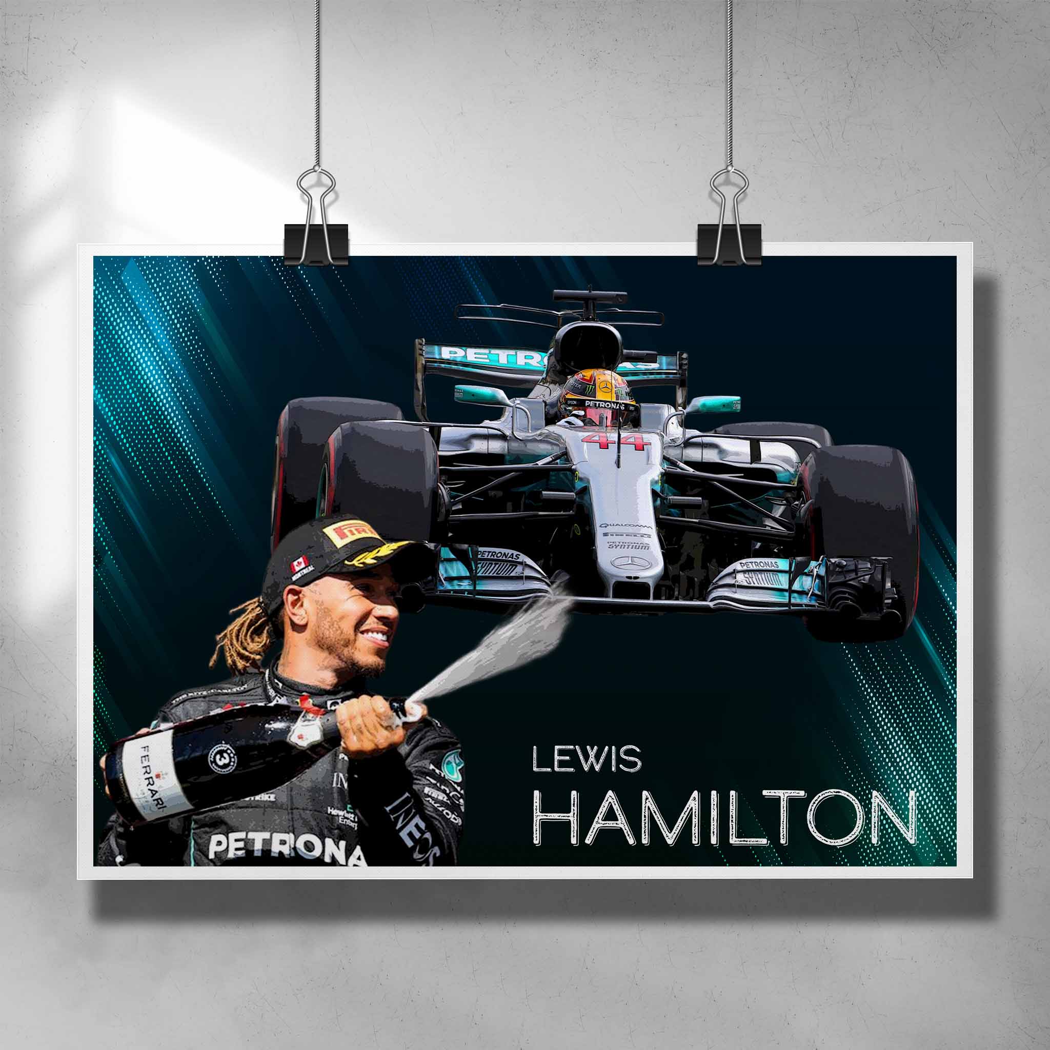 Unique Formula One poster by Sports Cave, featuring Lewis Hamilton.