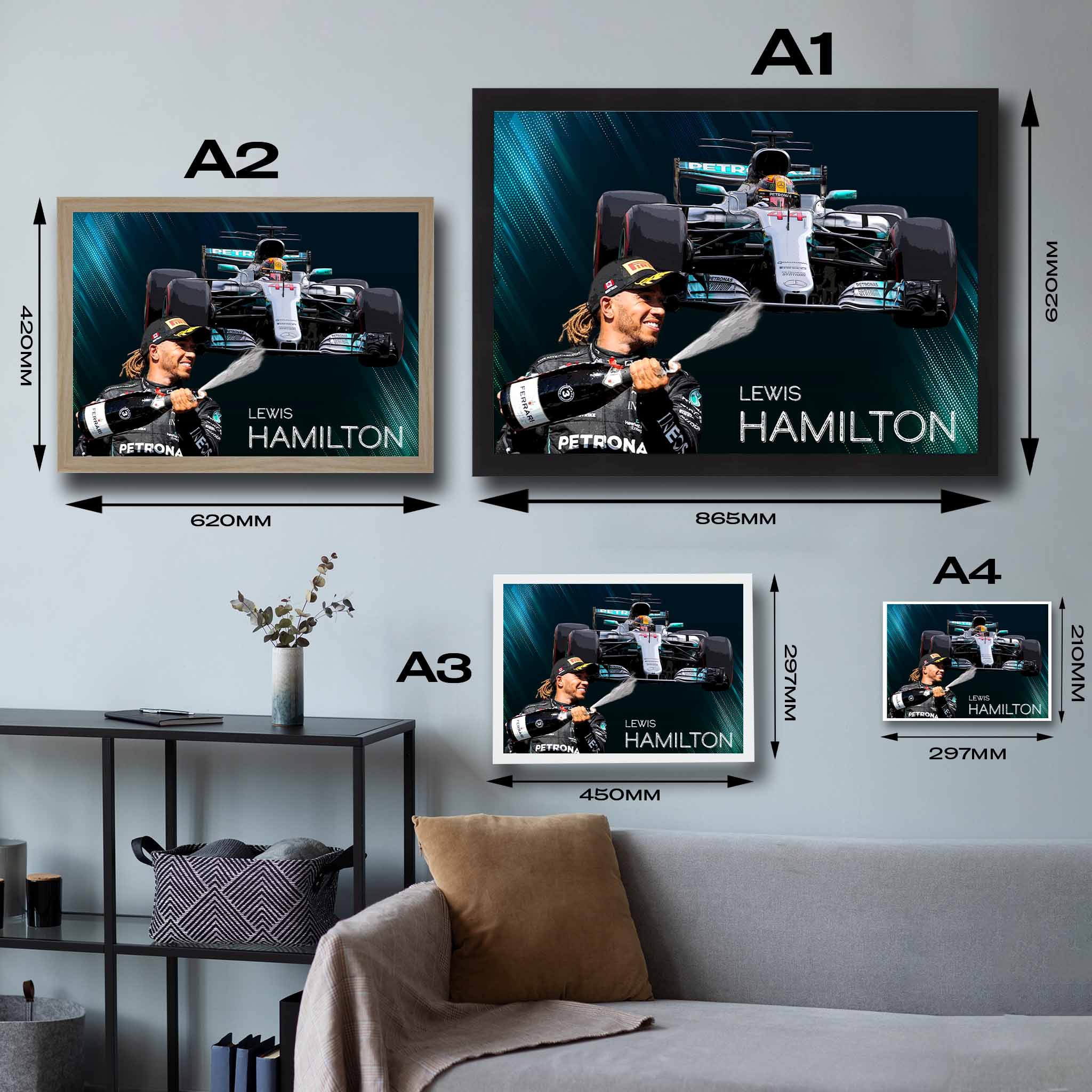 Visual representation of Lewis Hamilton framed art size options, ranging from A4 to A2, for selecting the right size for your space.