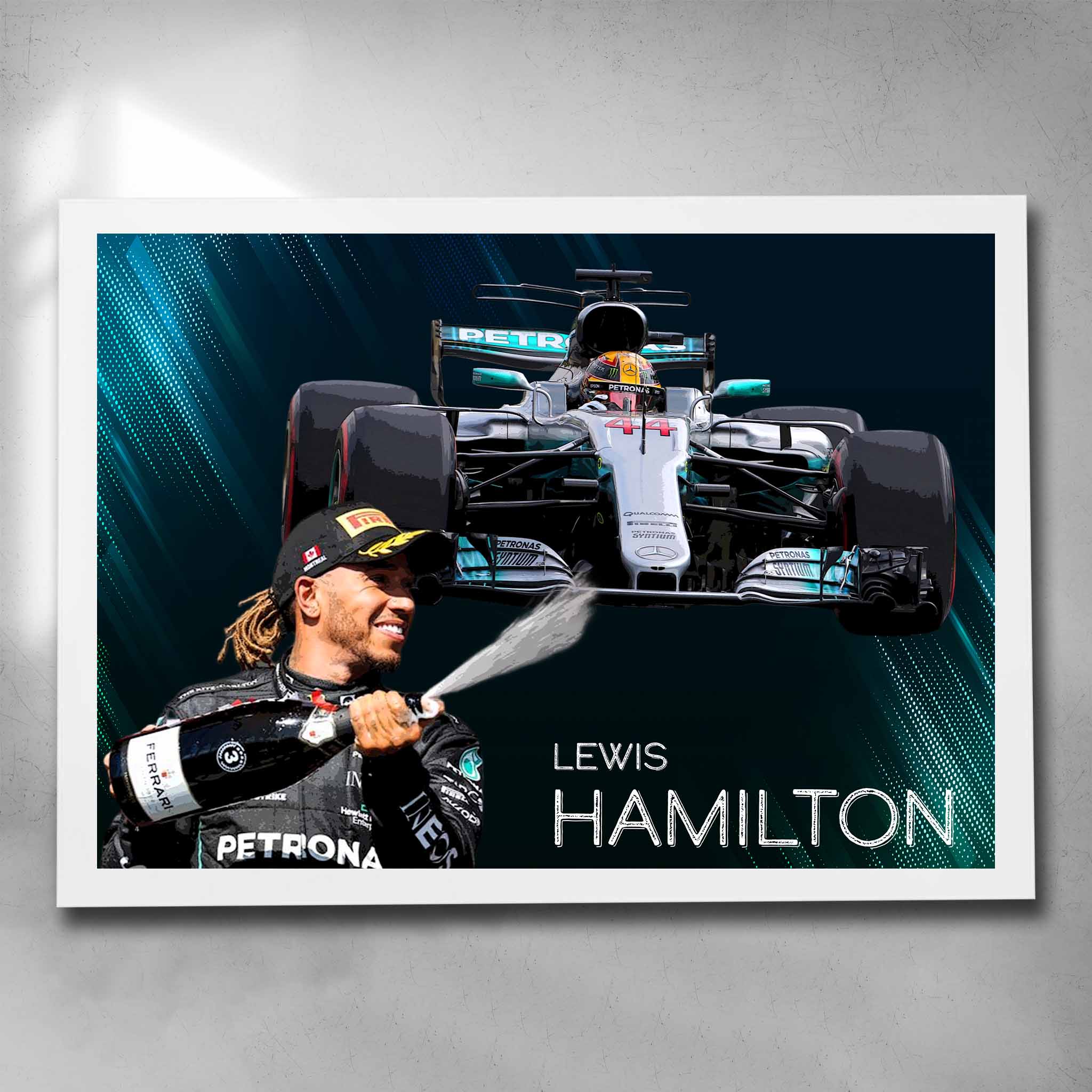 White framed Formula One Art by Sports Cave, featuring Lewis Hamilton.