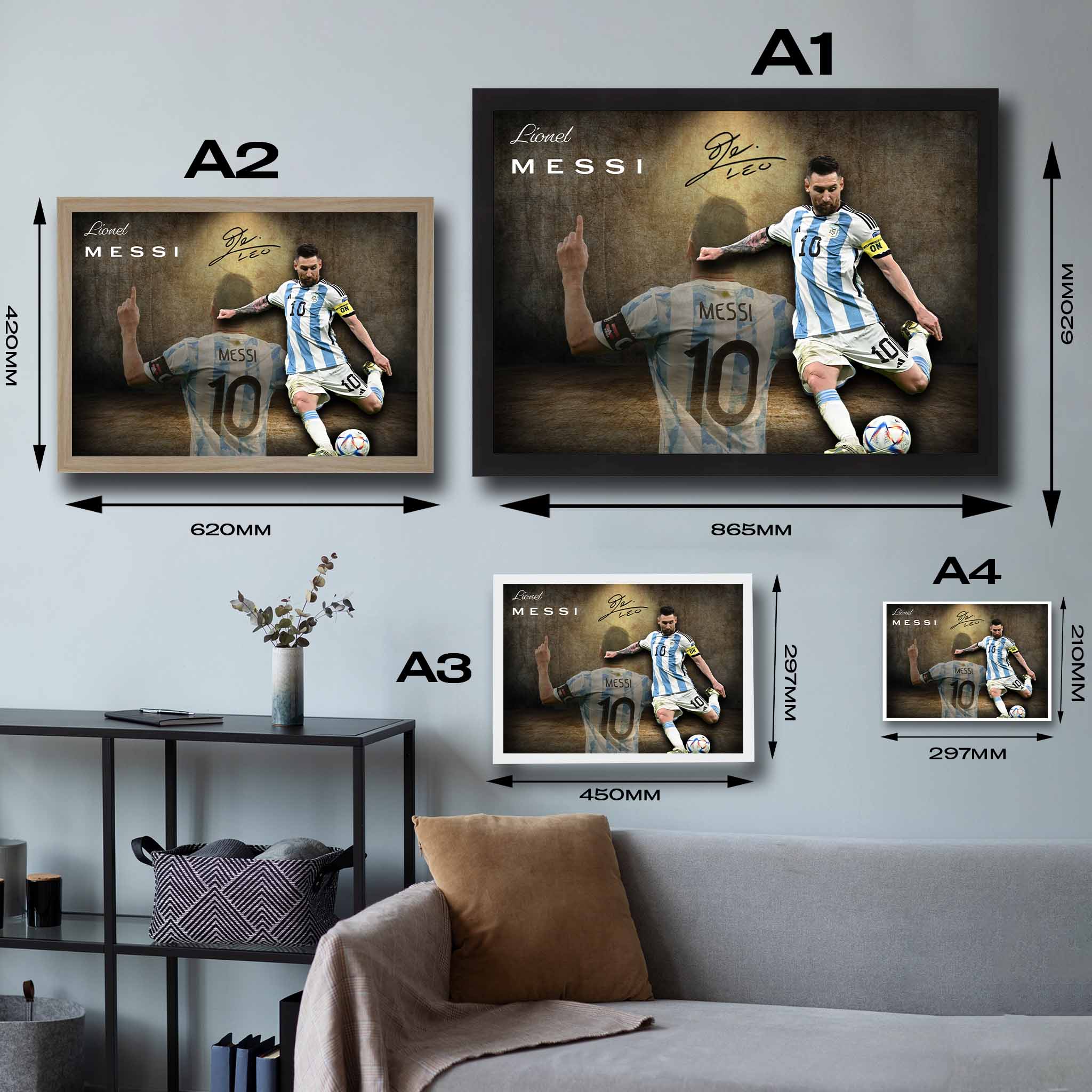 Visual representation of Lionel Messi framed art size options, ranging from A4 to A2, to assist customers in selecting the right size for their space and preferences.