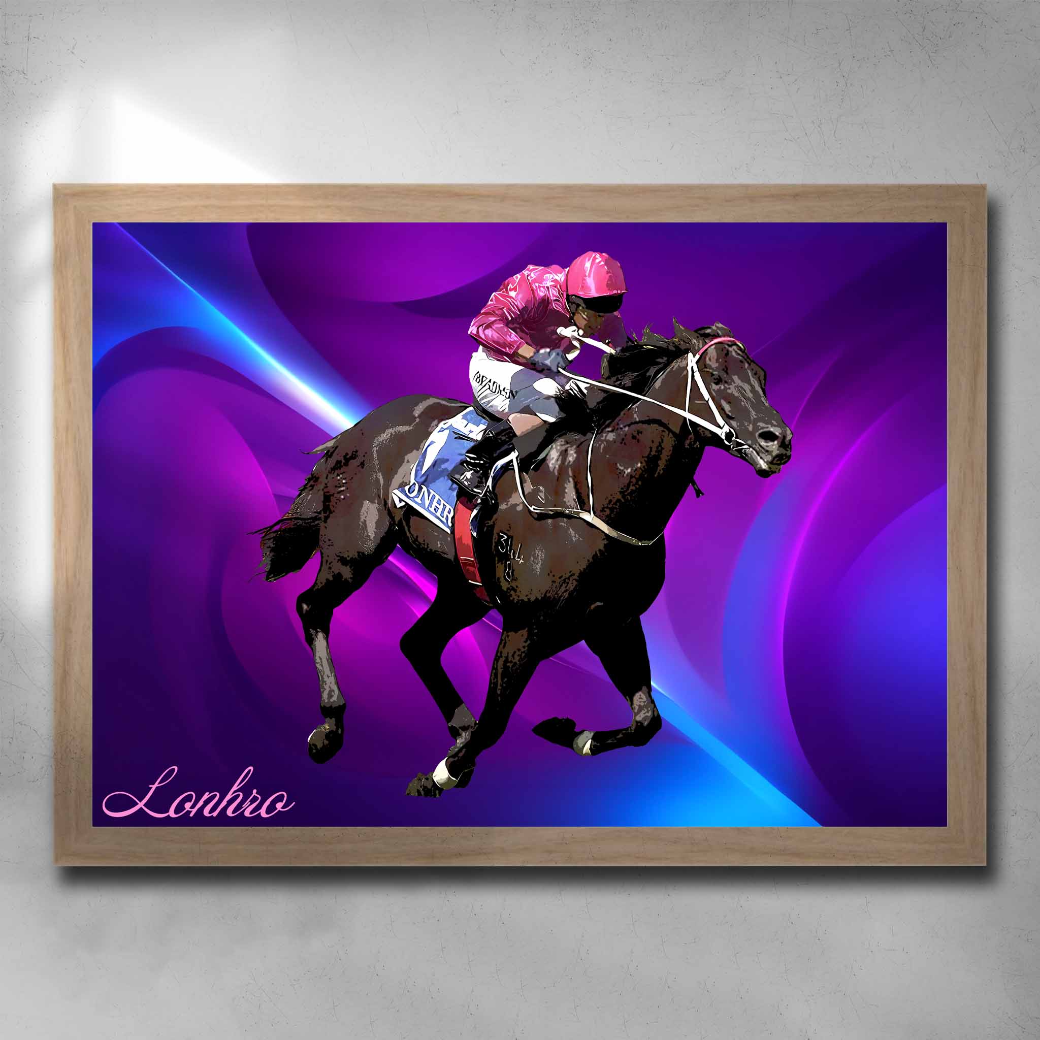 Oak framed horse racing art by Sports Cave, featuring the legendary racehorse Lonhro.