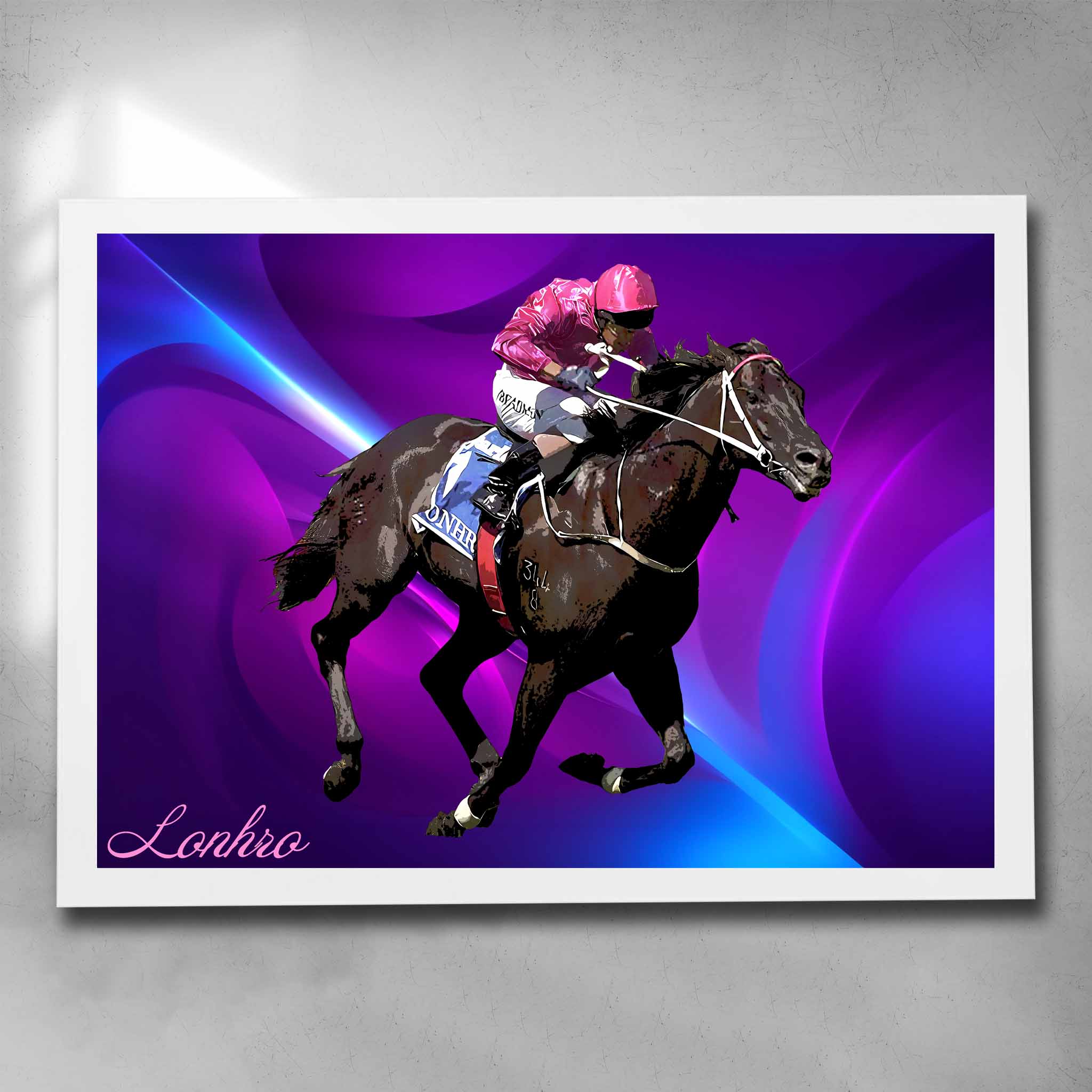 White framed horse racing art by Sports Cave, featuring the legendary racehorse Lonhro.