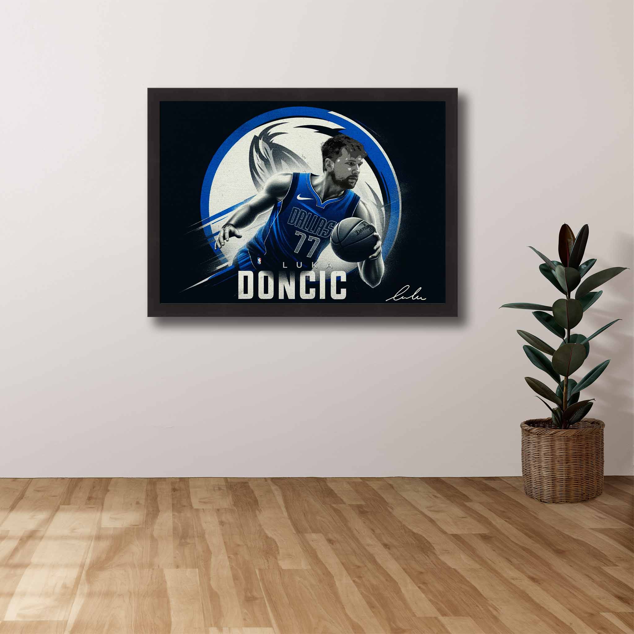 Devoted MAVS fan's tribute: Luke Doncic framed art proudly displayed on the wall.