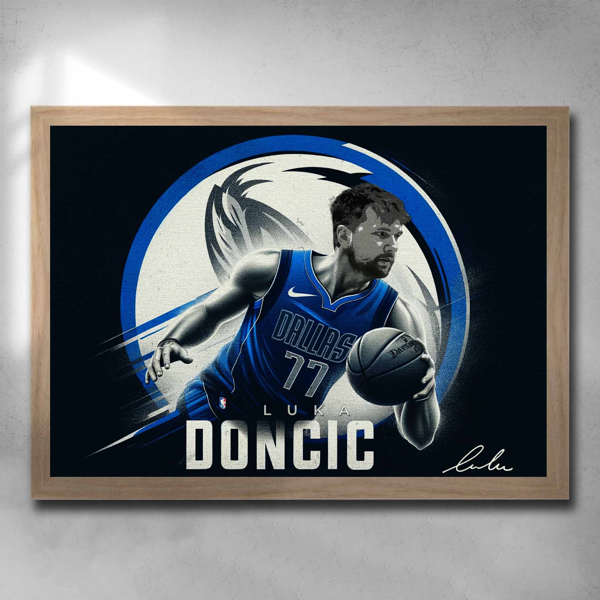 Oak framed NBA Art by Sports Cave featuring Luka Doncic from the Dallas Mavericks.