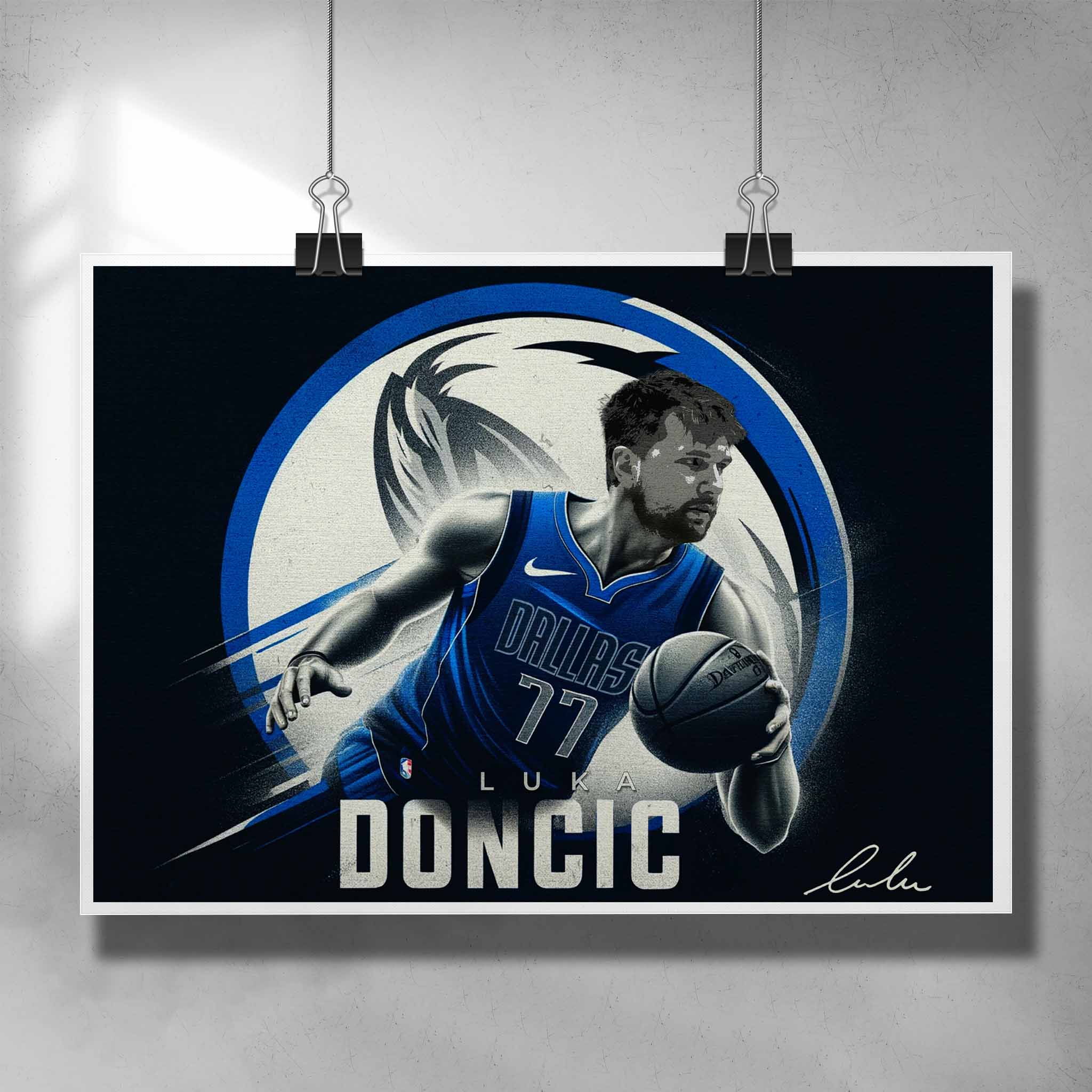 Unique NBA poster by Sports Cave featuring basketball player Luka Doncic from the Dallas Mavericks.