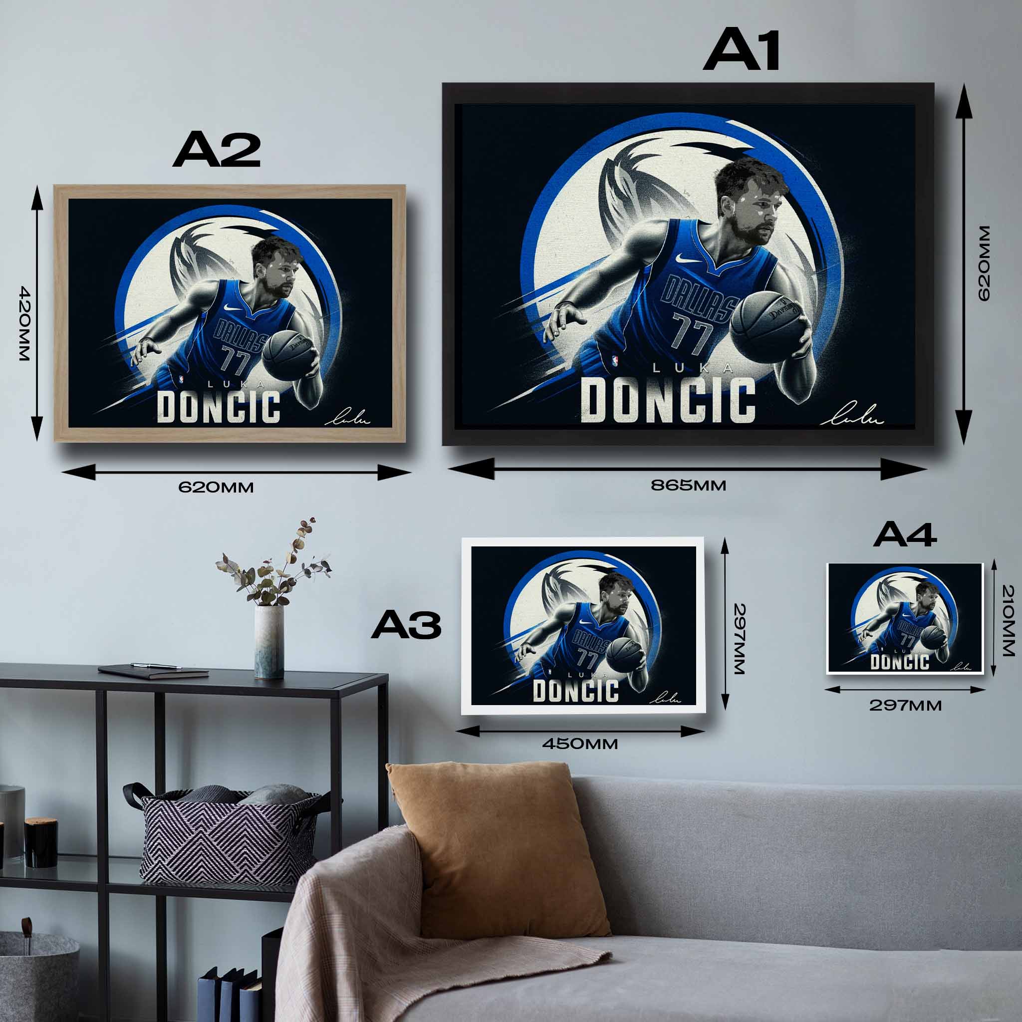 Visual representation of Luka Doncic framed art size options, ranging from A4 to A2, for selecting the right size for your space.