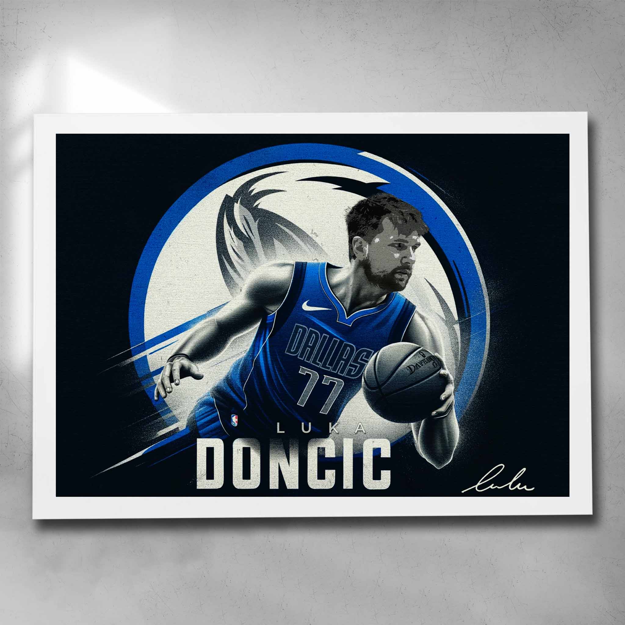 White framed NBA Art by Sports Cave featuring Luka Doncic from the Dallas Mavericks.