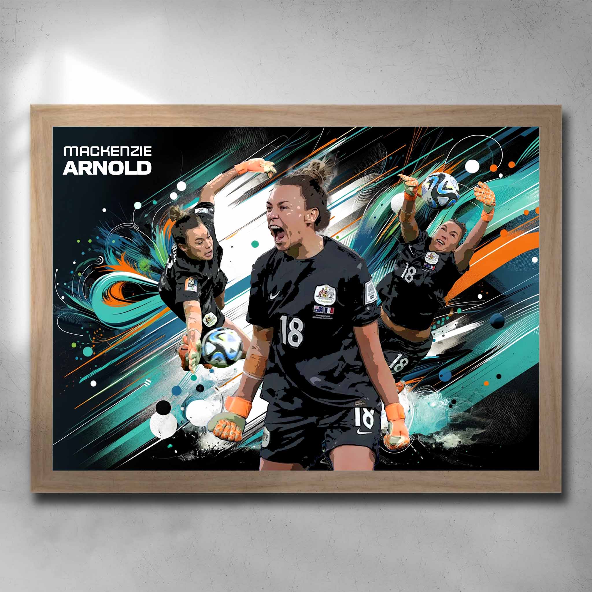 Oak framed soccer art by Sports Cave featuring Mackenzie Arnold the goalkeeper from the Australian Matilda's.