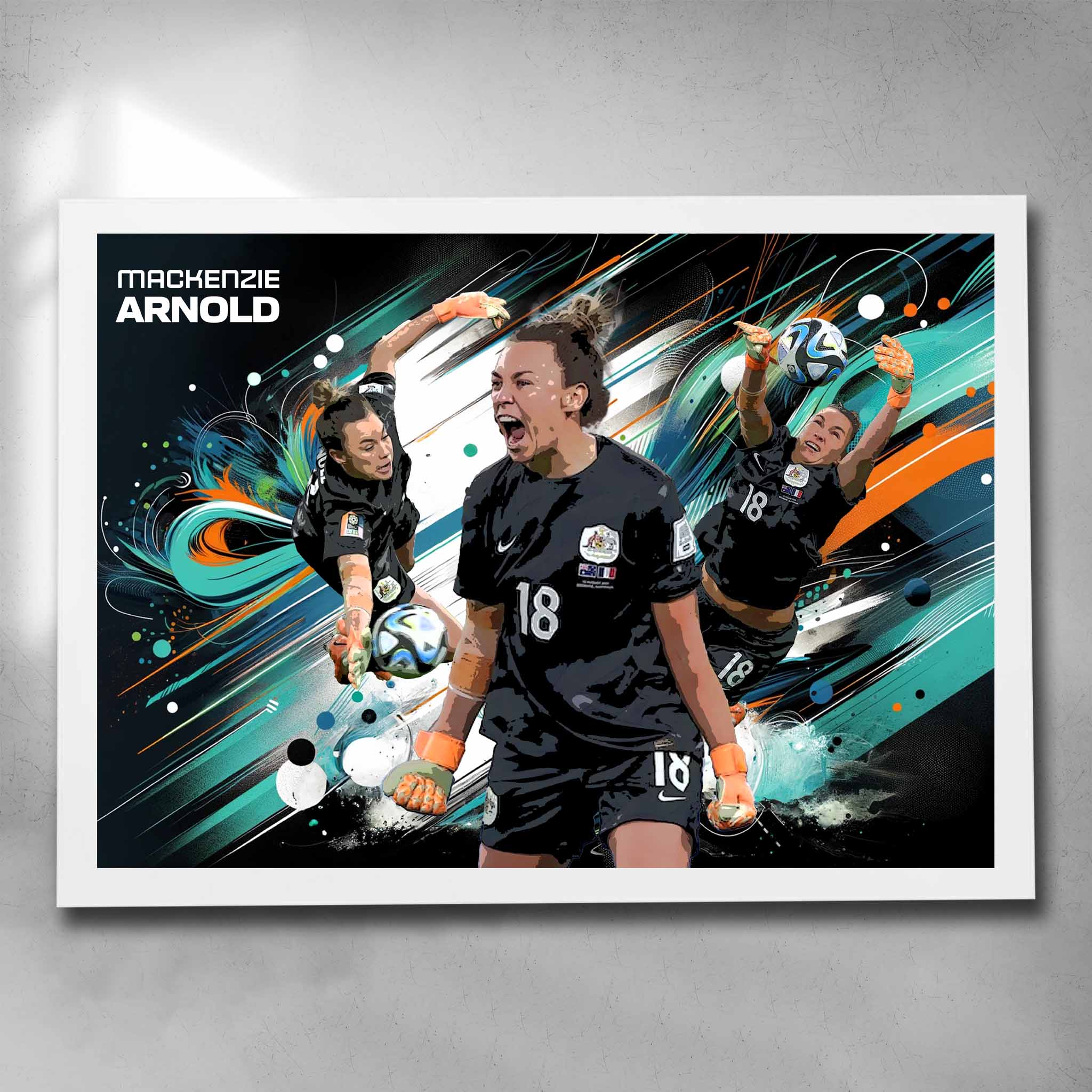 White framed soccer art by Sports Cave featuring Mackenzie Arnold the goalkeeper from the Australian Matilda's.