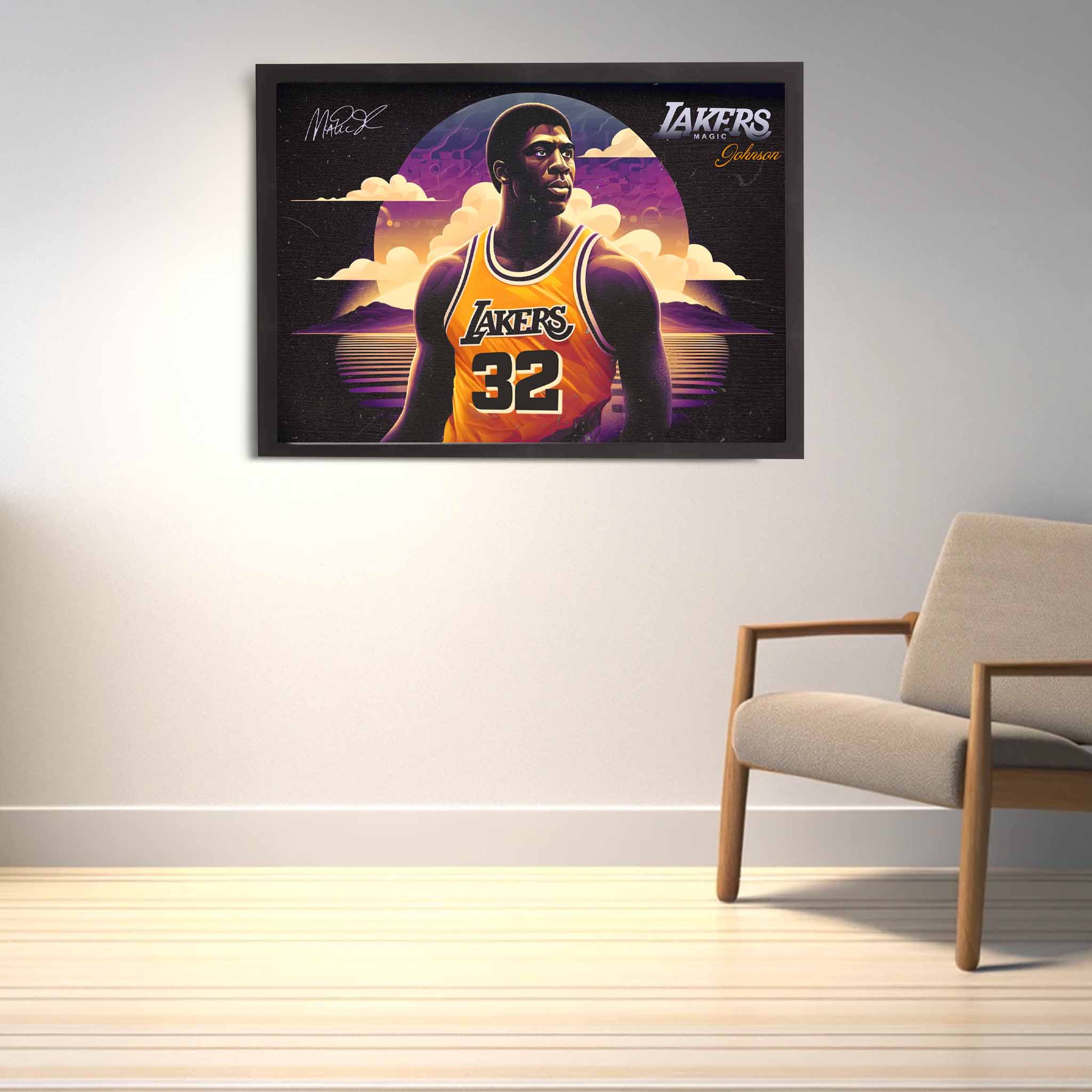 Magic Johnson Lakers Art Poster in a Fan's House – This striking artwork showcases Magic Johnson in his Lakers jersey, set against a dynamic, dark background with purple and gold hues. Perfectly framed and displayed in a modern living room, it adds a touch of basketball history and inspiration to any space. Ideal for fans wanting to elevate their home décor, this piece is a statement of passion for the game and a tribute to a legendary player. 