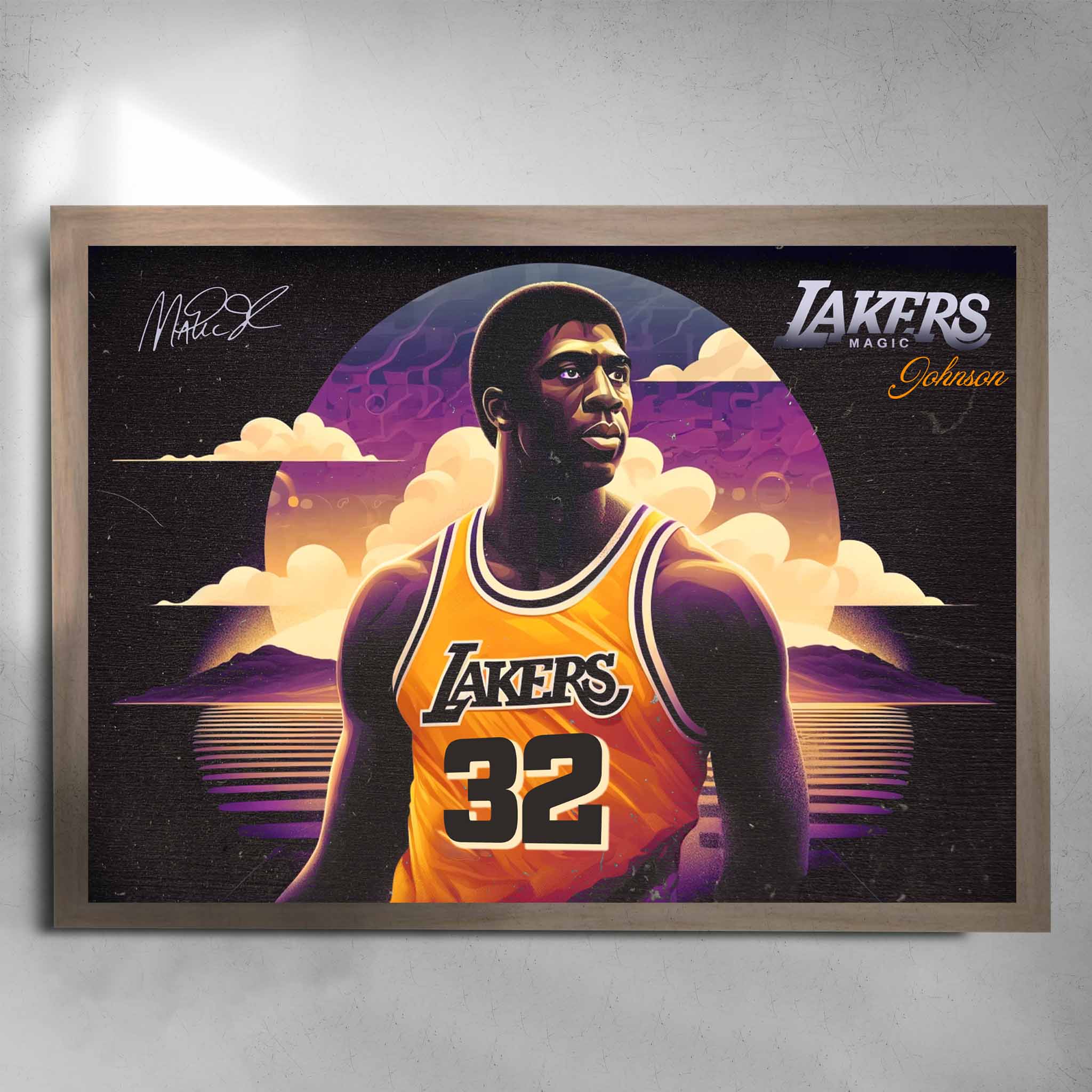 Magic Johnson Lakers Art Poster with Oak Frame by Sports Cave.