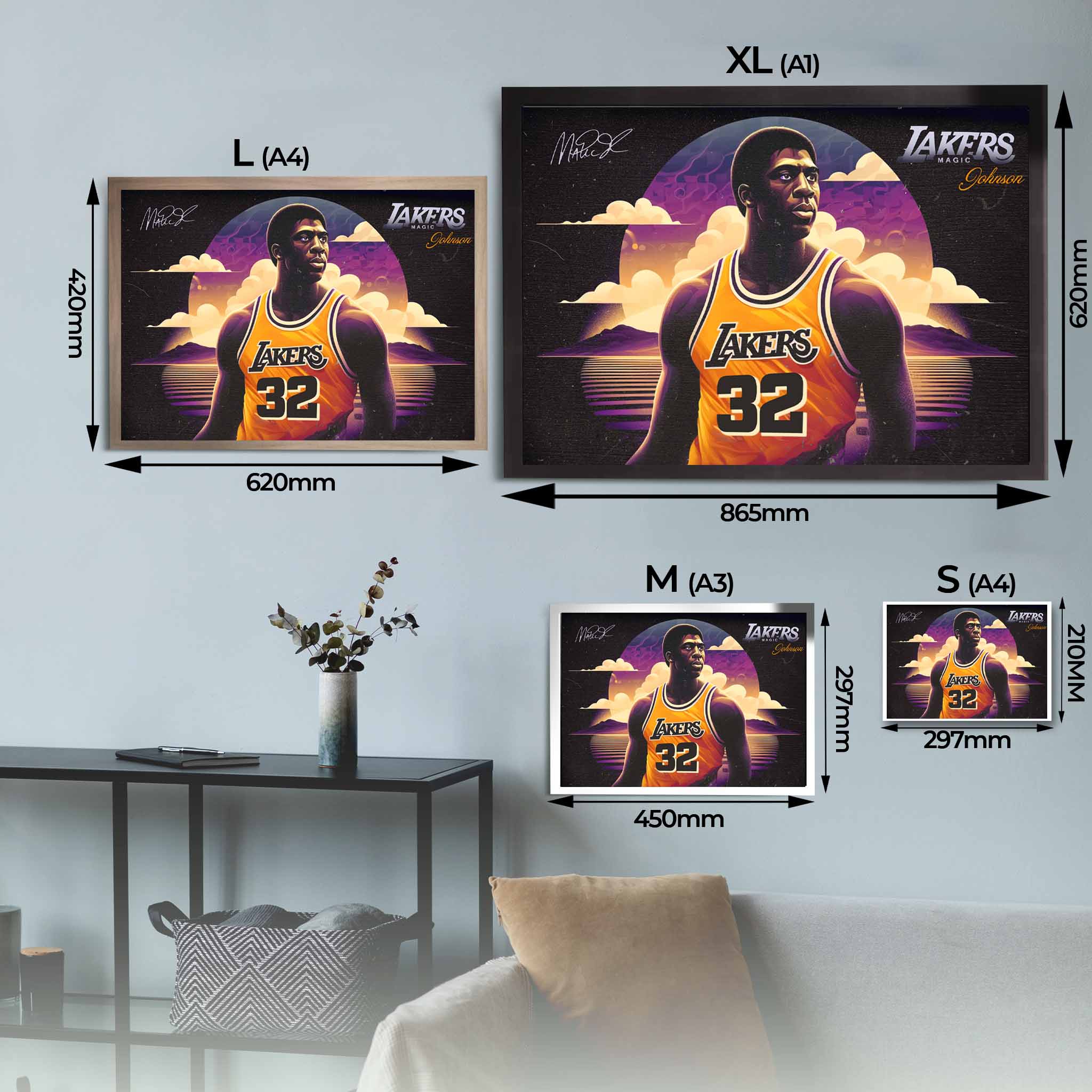 Magic Johnson framed poster sizing guide.