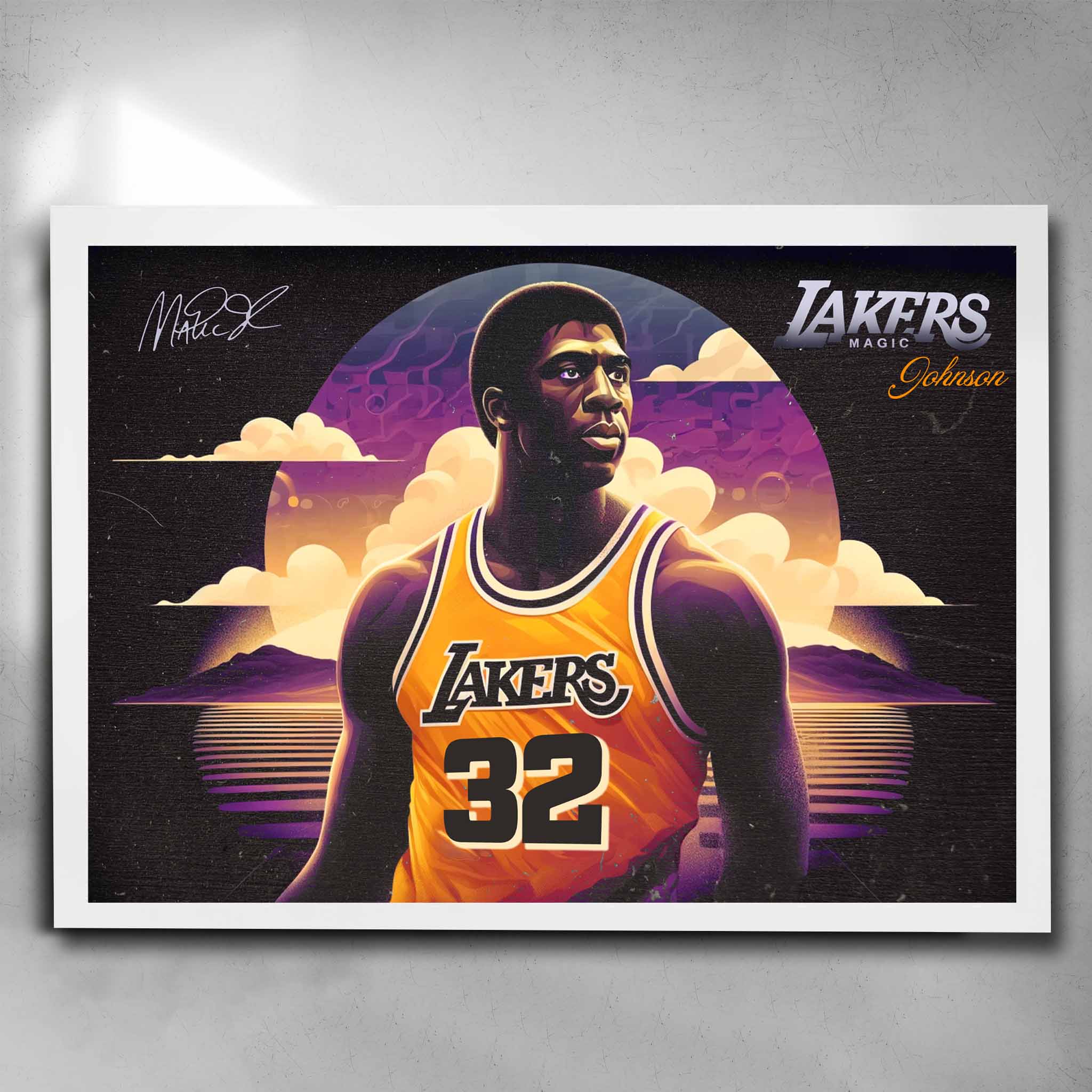 Magic Johnson Lakers Art Poster with White Frame by Sports Cave.