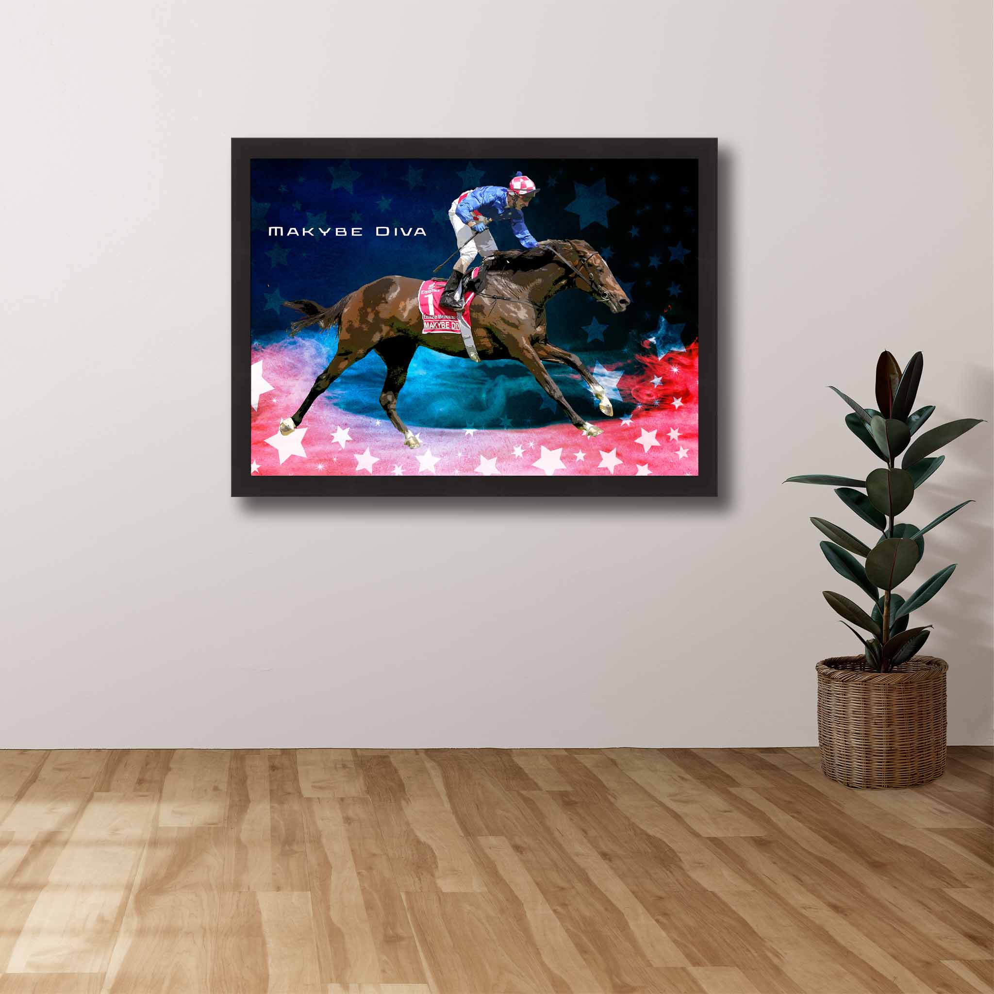 Devoted Horse Racing fan's tribute: Makybe Diva framed art proudly displayed on the wall.