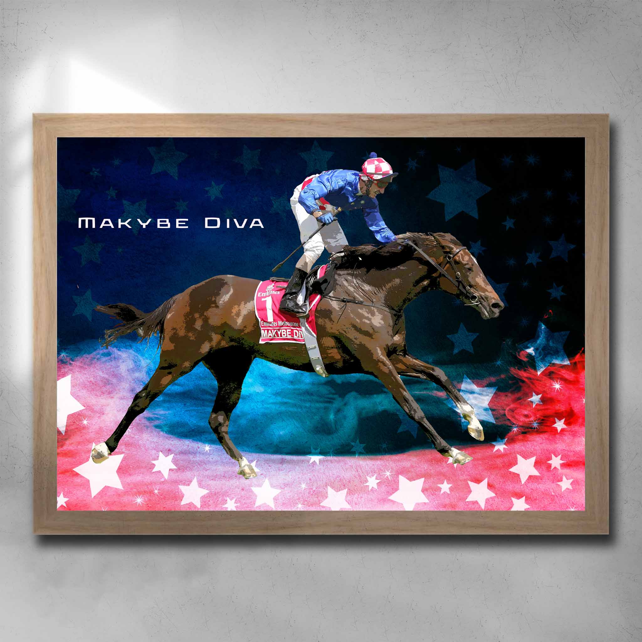 Oak framed horse racing art by Sports Cave, featuring the three time Melbourne Cup winner Makybe Diva ridden by Glen Boss.